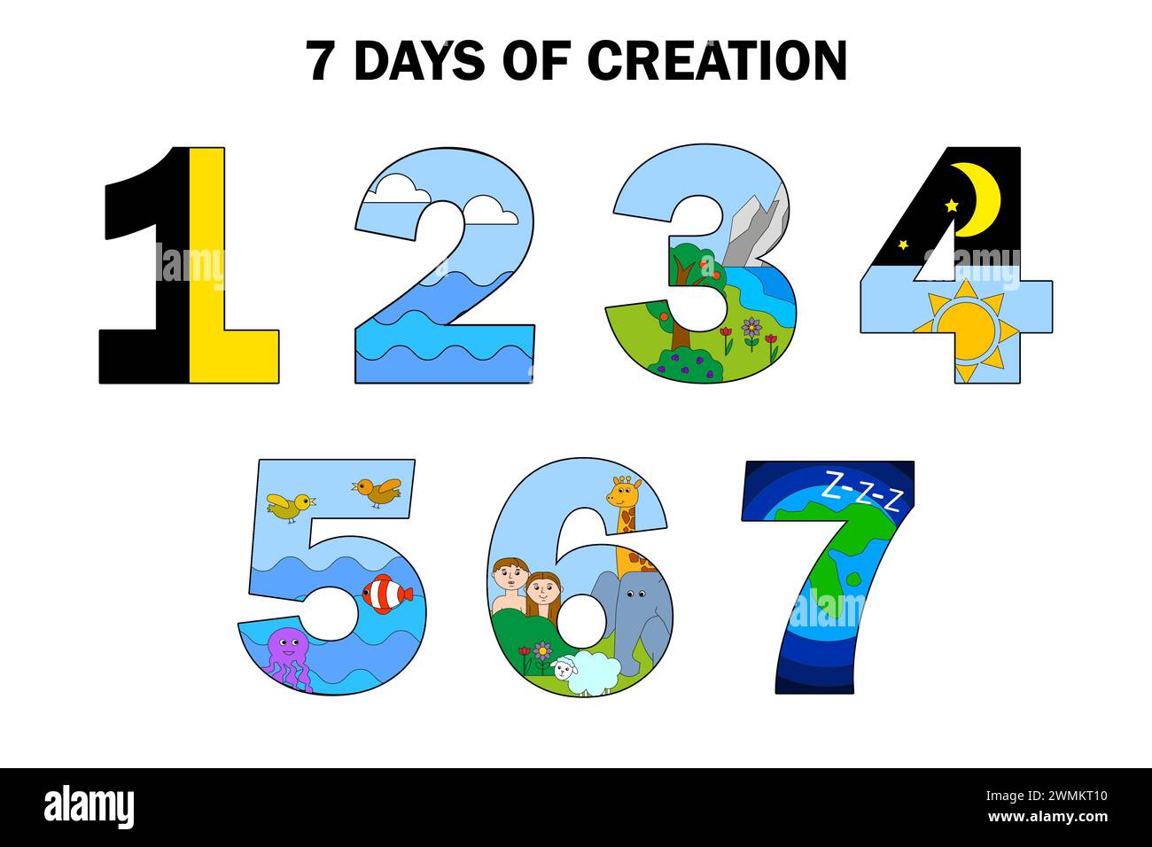 Sette giorni biblici, numeri colorati. Creazione terra, mare, vita. Serie religiose educative. Illustrazione vettoriale. EPS 10. Illustrazione Vettoriale