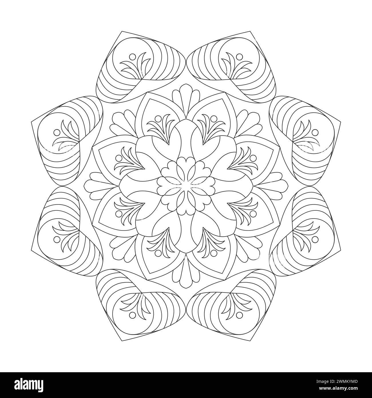 Cosmic Relaxation Mandala Coloring Book Page per kdp Book Interior. Petali tranquilli, capacità di rilassarsi, esperienze cerebrali, Harmonous Haven, Peaceful P Illustrazione Vettoriale
