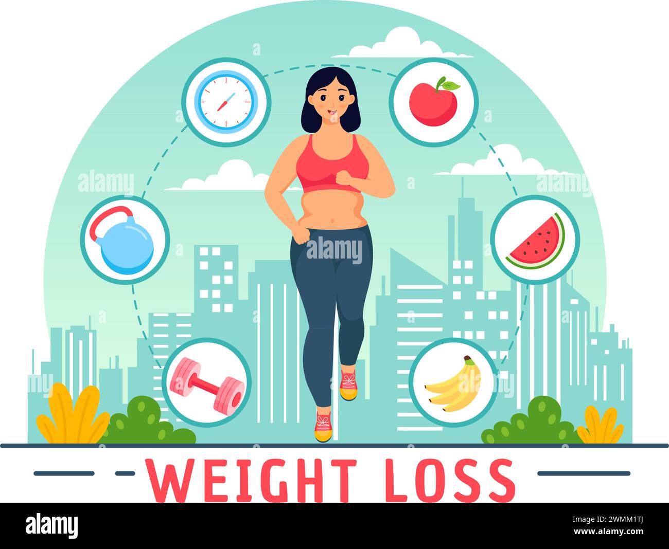 Perdita di peso illustrazione vettoriale di donna concetto di trasformazione del corpo con fitness, sport, dieta e stile di vita sano in Flat Cartoon background Illustrazione Vettoriale