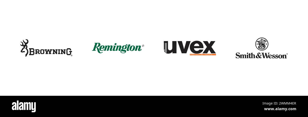 Uvex, Smith & Wesson, Remington, Browning. Collezione di logo vettoriali editoriali. Illustrazione Vettoriale