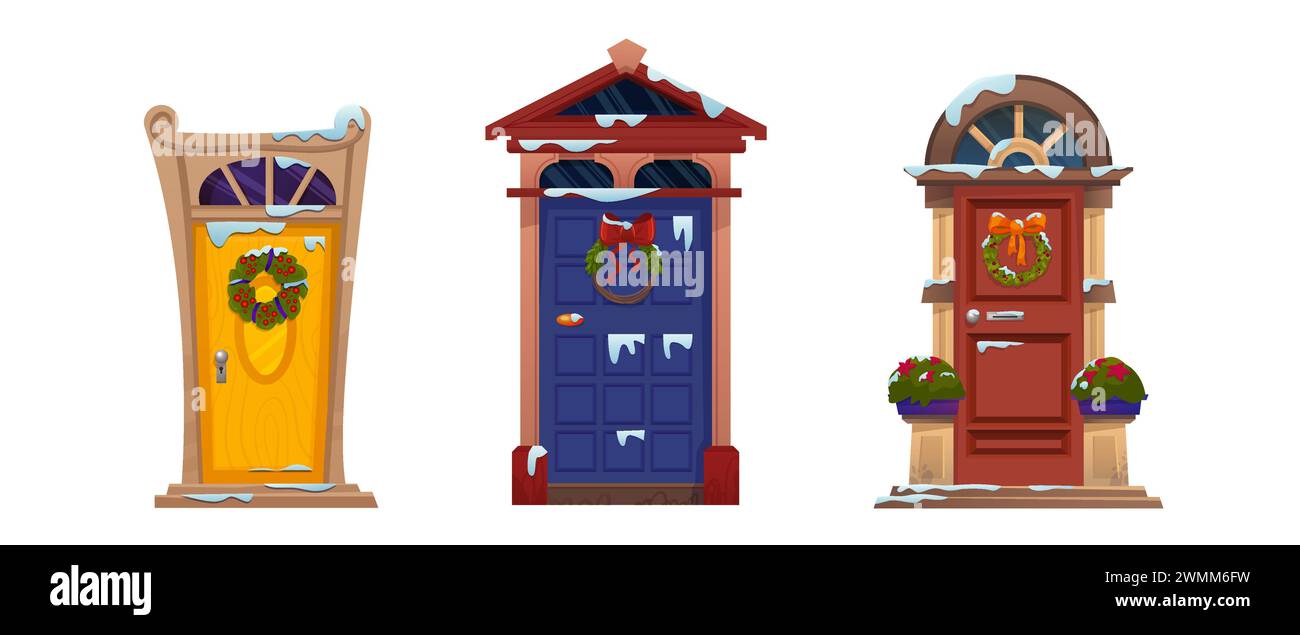 Porta chiusa decorata con tradizionale corona natalizia fatta di rami verdi con frutti di bosco, nastri con archi ricoperti di neve. Set vettoriale cartoni animati con ingresso alla casa natalizia invernale con garland Illustrazione Vettoriale