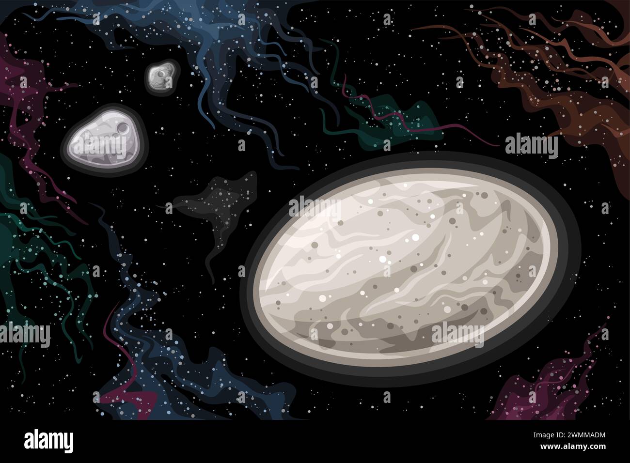 Grafico spaziale Vector Fantasy, poster orizzontale con cartoon, pianeta nano Haumea con lune Hi'iaka e Namaka nello spazio profondo, futurista decorativo Illustrazione Vettoriale