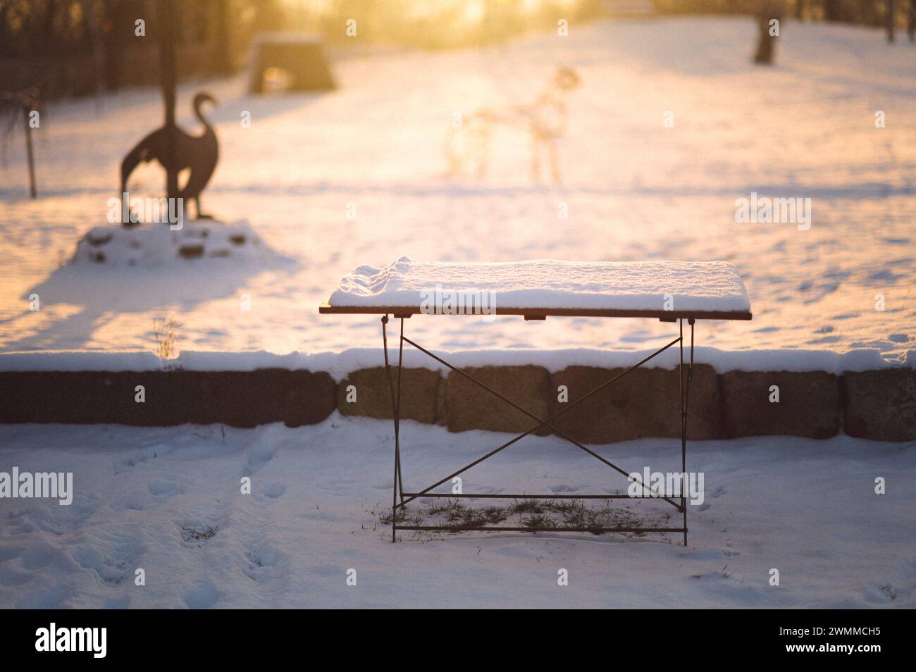 Un tavolo di legno in un parco innevato con un cane nelle vicinanze Foto Stock