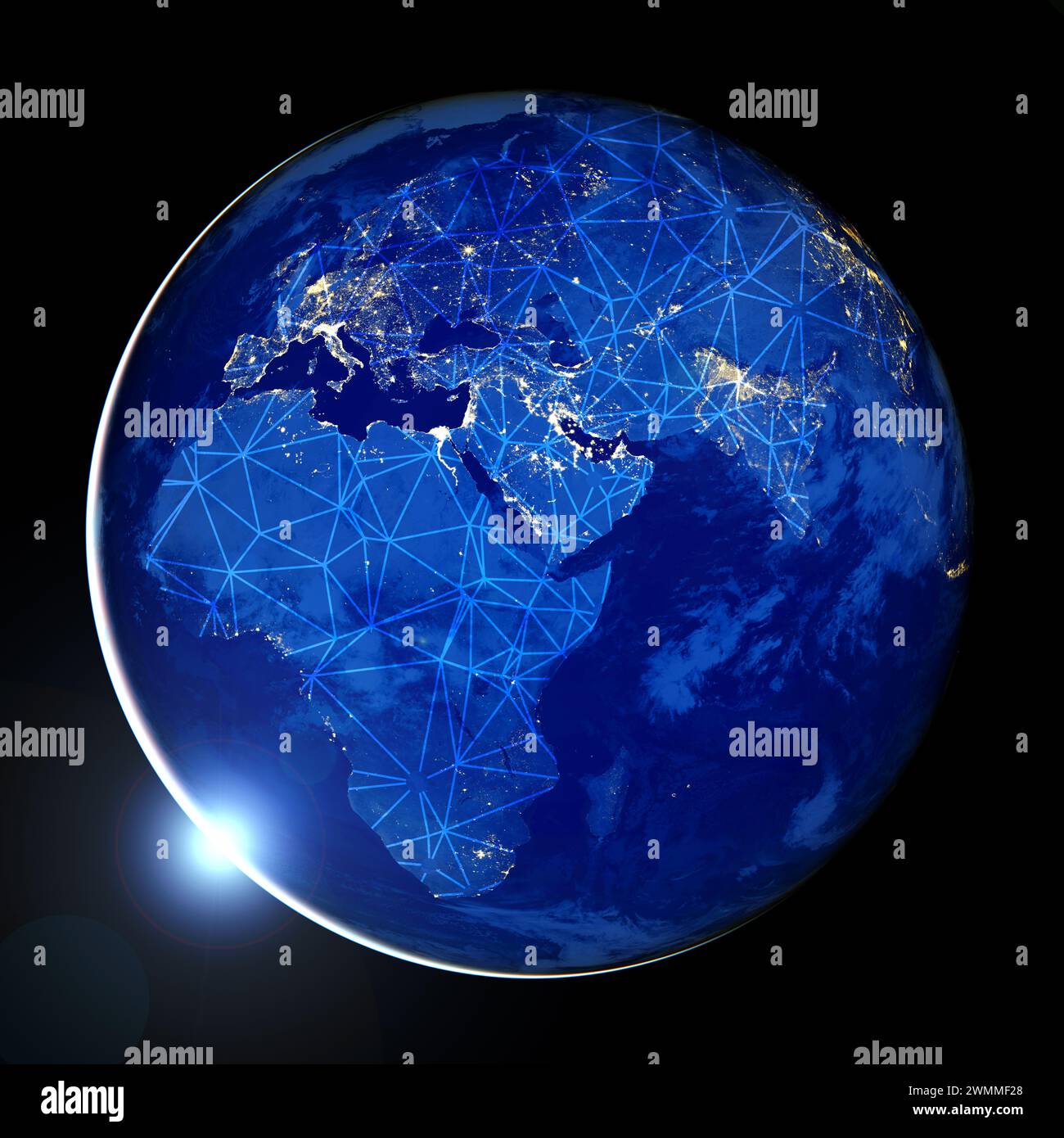 Rete di comunicazione globale in tutto il mondo. Concetto di infrastruttura informatica digitale. Elementi di questa immagine forniti dalla NASA. Foto Stock