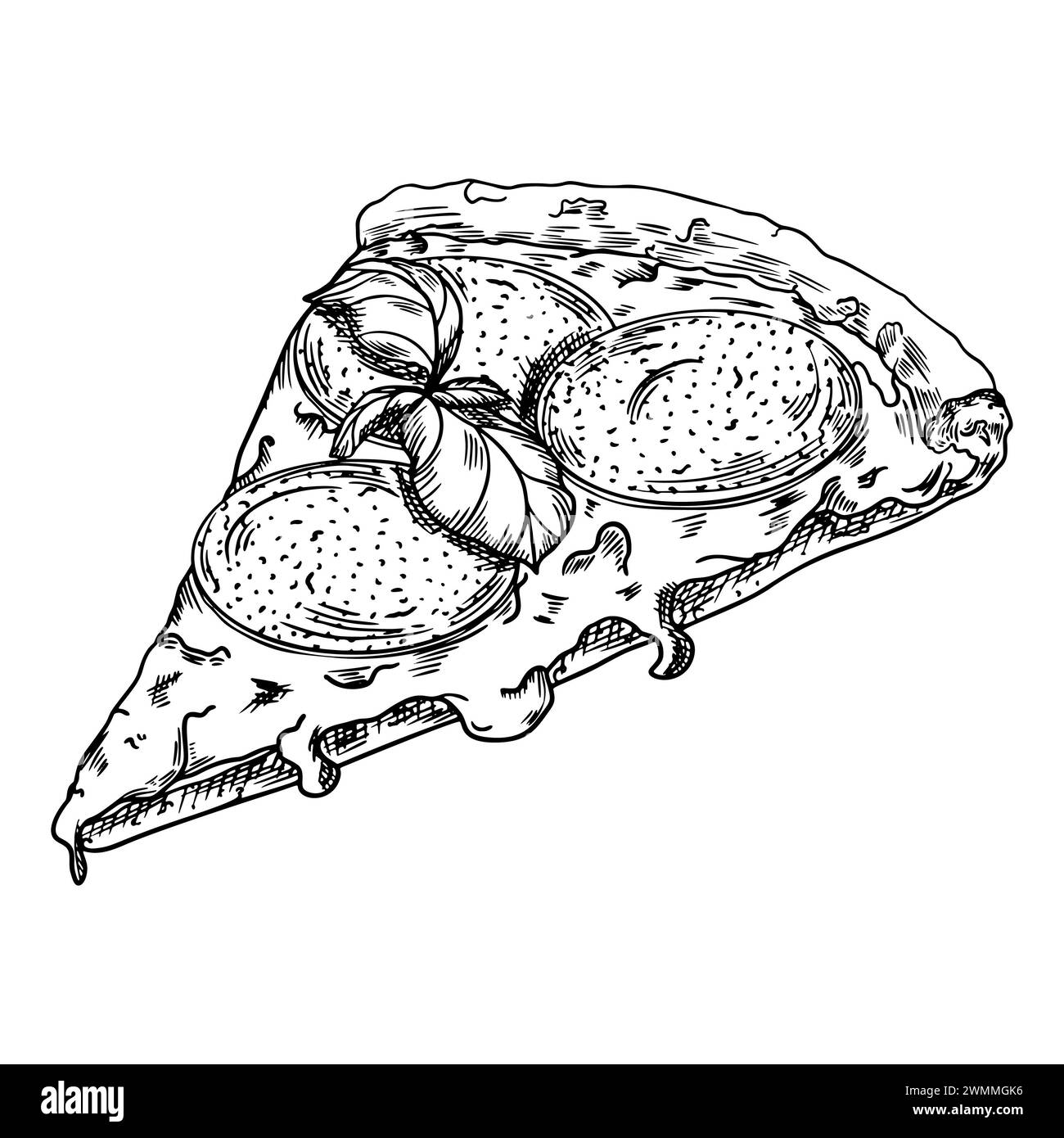 Slice of Pizza Sketch, illustrazione a forma di doodle d'epoca disegnata a mano, sfondo bianco Foto Stock