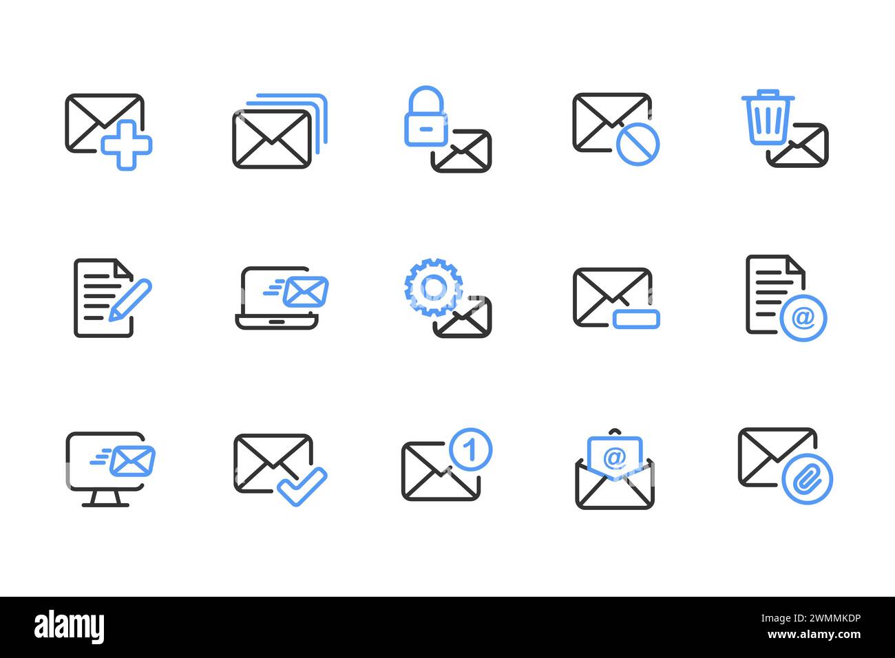L'icona del contorno della posta imposta nero e blu. Contenente le icone di posta, e-mail, mailbox, lettere e uffici postali. Raccolta icone contorno. Illustrazione vettoriale. Illustrazione Vettoriale