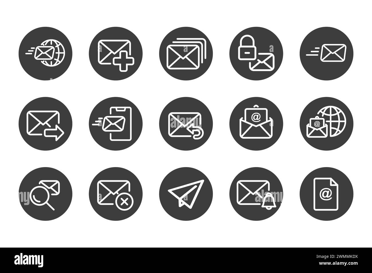 L'icona fissa per la spedizione viene impostata in bianco e nero. Contenente le icone di posta, e-mail, mailbox, lettere e uffici postali. Raccolta icone contorno. Illustrazione vettoriale. Illustrazione Vettoriale