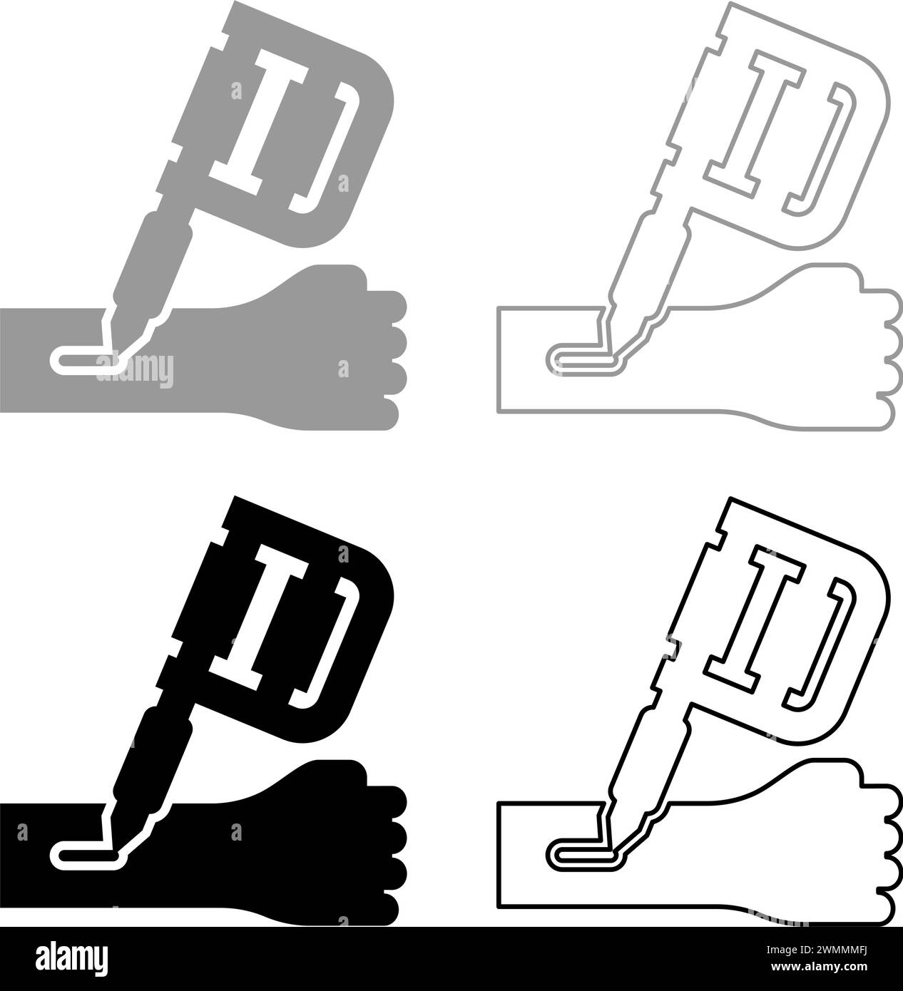 Inchiostrazione a macchina per tatuaggi sulla pelle della pistola con inchiostro icona del set di bobine elettromagnetiche portatili grigio nero immagine vettoriale semplice Illustrazione Vettoriale