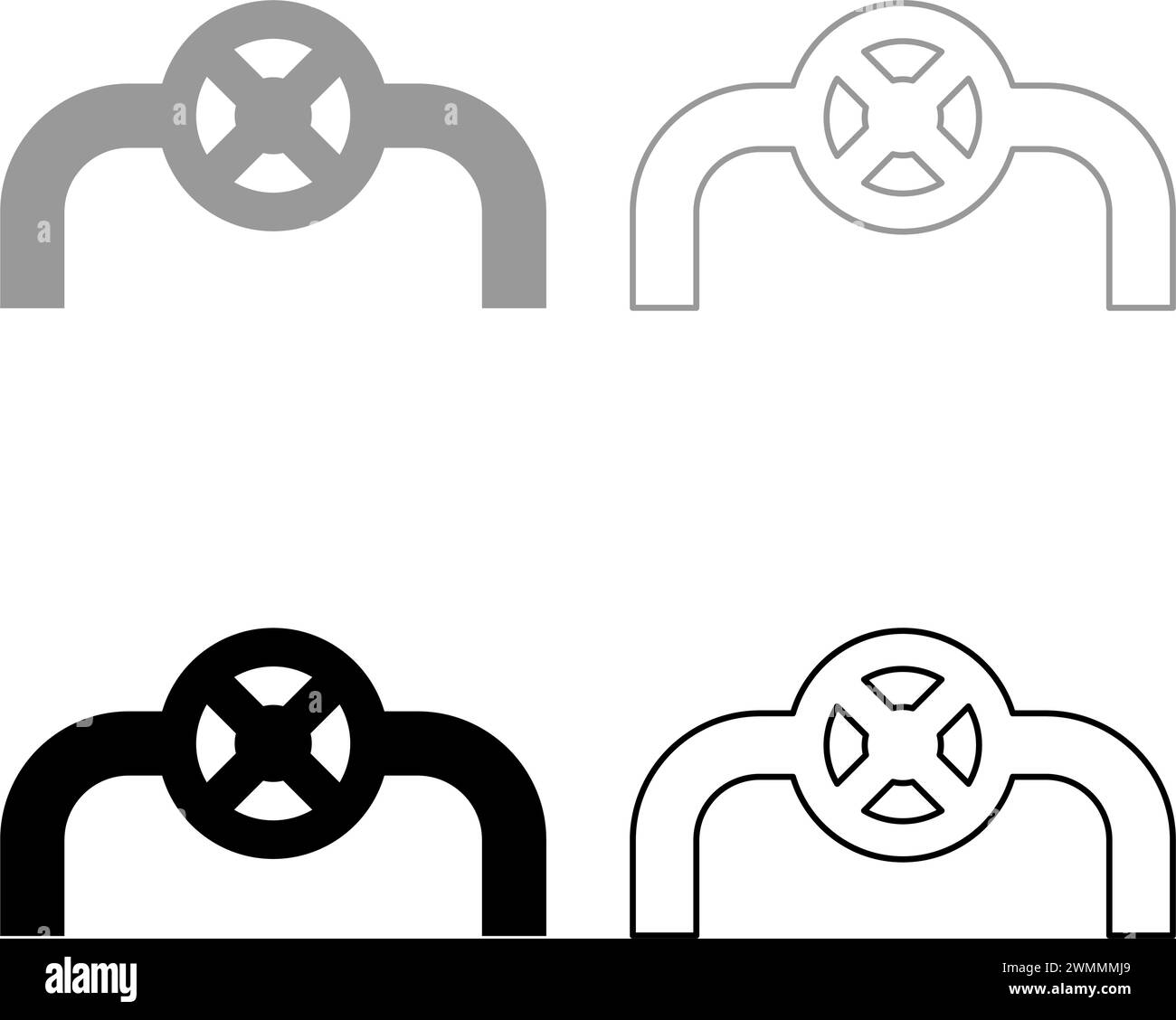Tubo con valvola tubazione con raccordo rubinetto sistema industriale di controllo del flusso icona grigio colore nero immagine vettoriale semplice contorno pieno Illustrazione Vettoriale