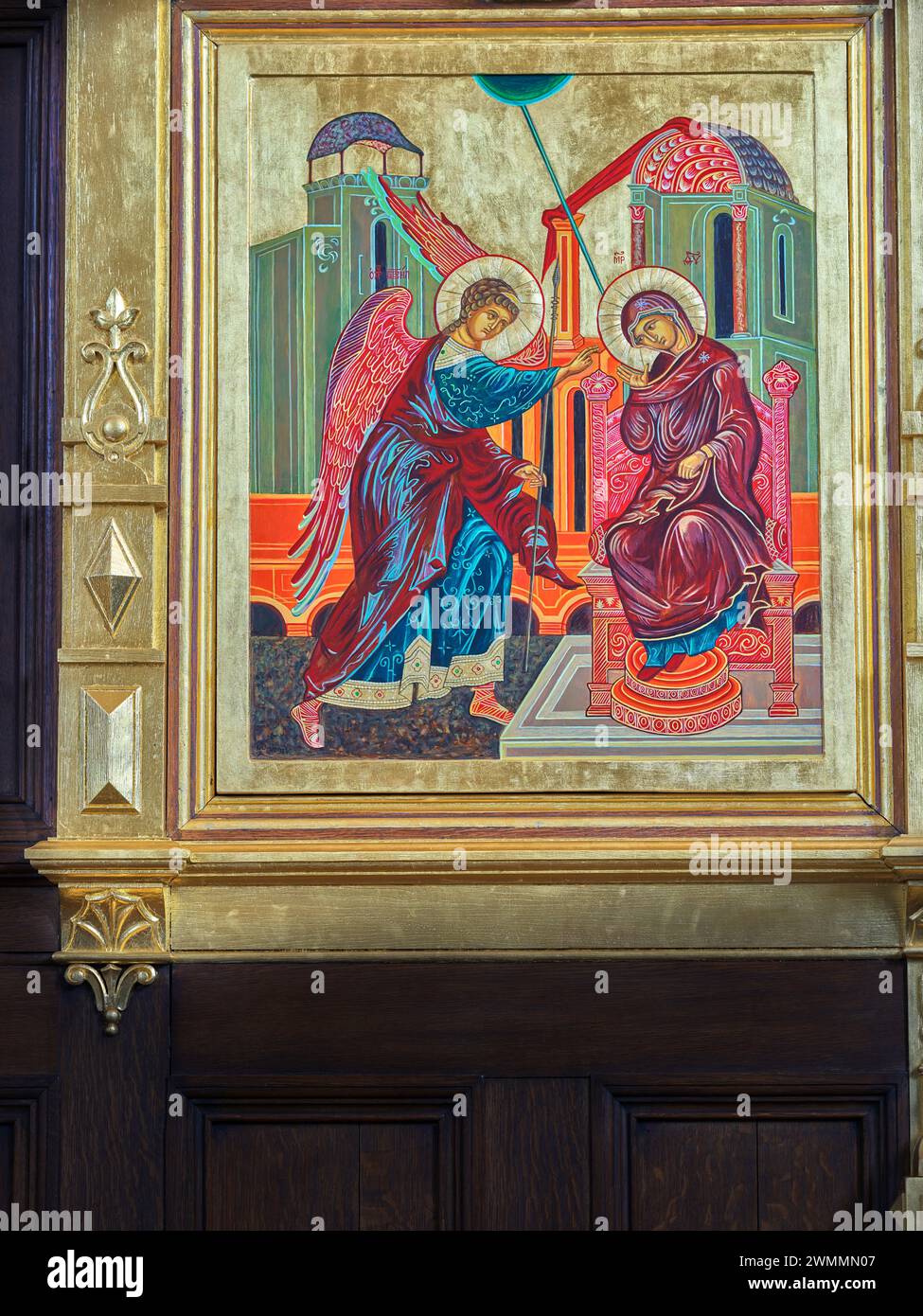 Icona (nella cappella della Certosa, Londra, Inghilterra) dell'Angelo Gabriele che dice alla Vergine Maria che deve concepire per il potere dello Spirito Santo e di lei Foto Stock