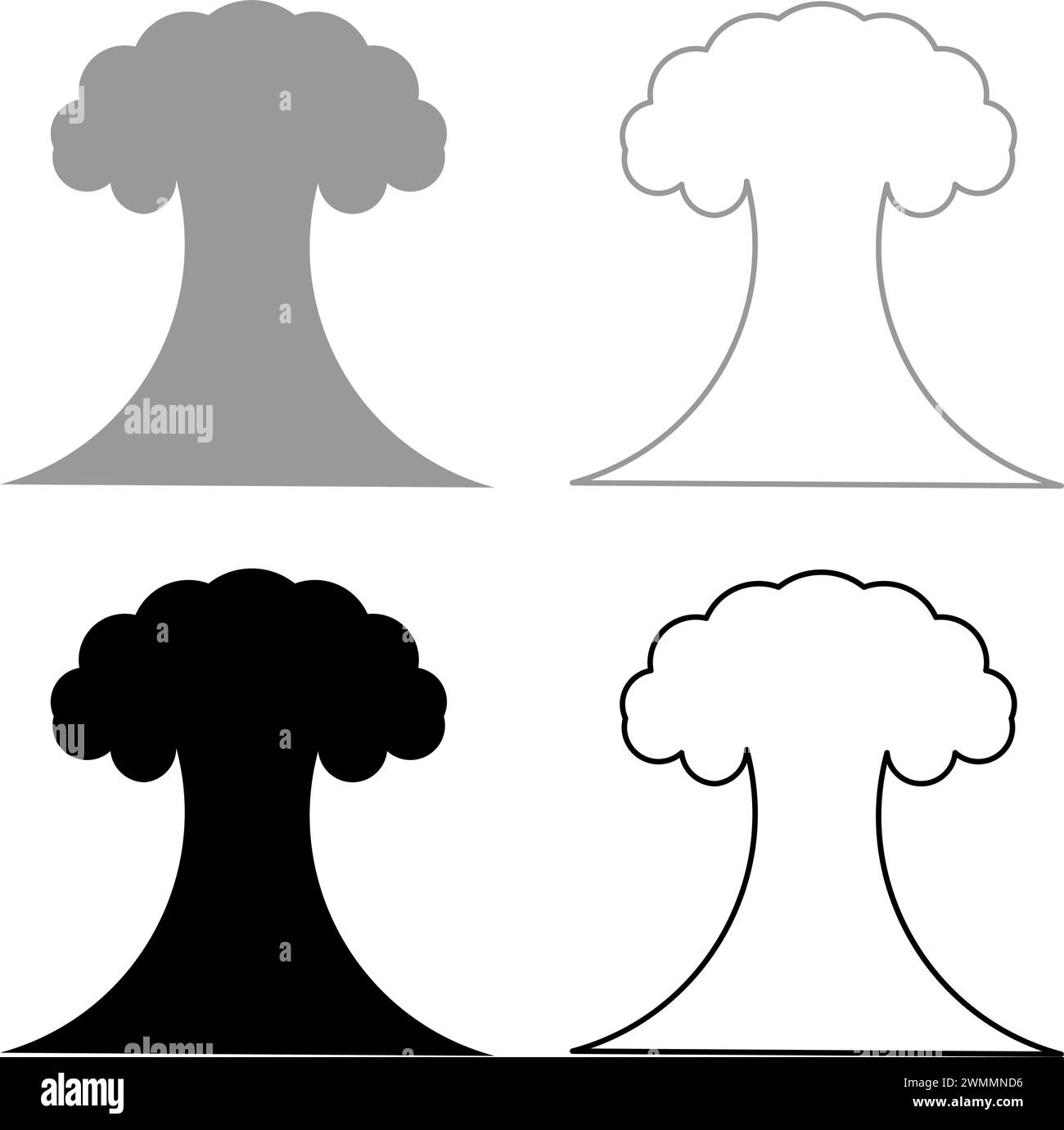 Icona del set di distruzione esplosiva a fungo esplosivo esplosivo in nero grigio immagine grafica vettoriale di riempimento semplice linea di contorno continua Illustrazione Vettoriale