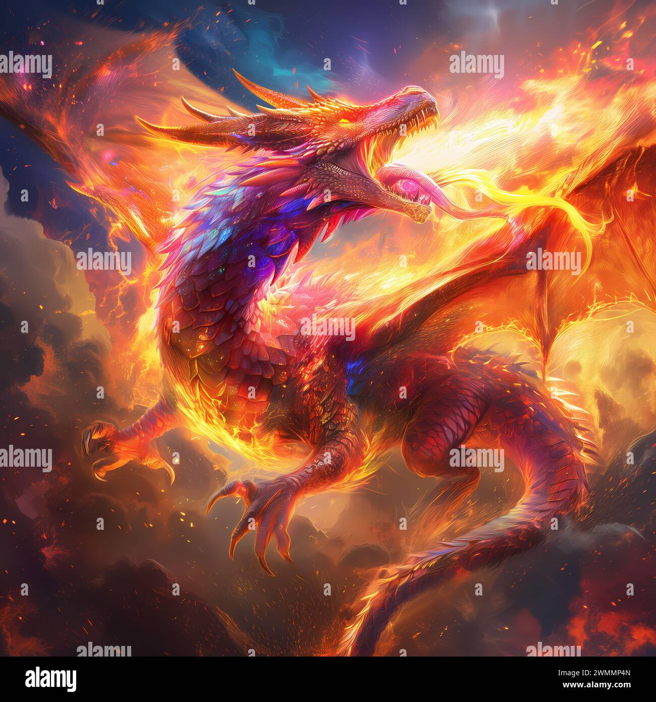 Un'illustrazione IA di un drago gigante del fuoco che si libra in mezzo a scintille di fuoco nel cielo Foto Stock