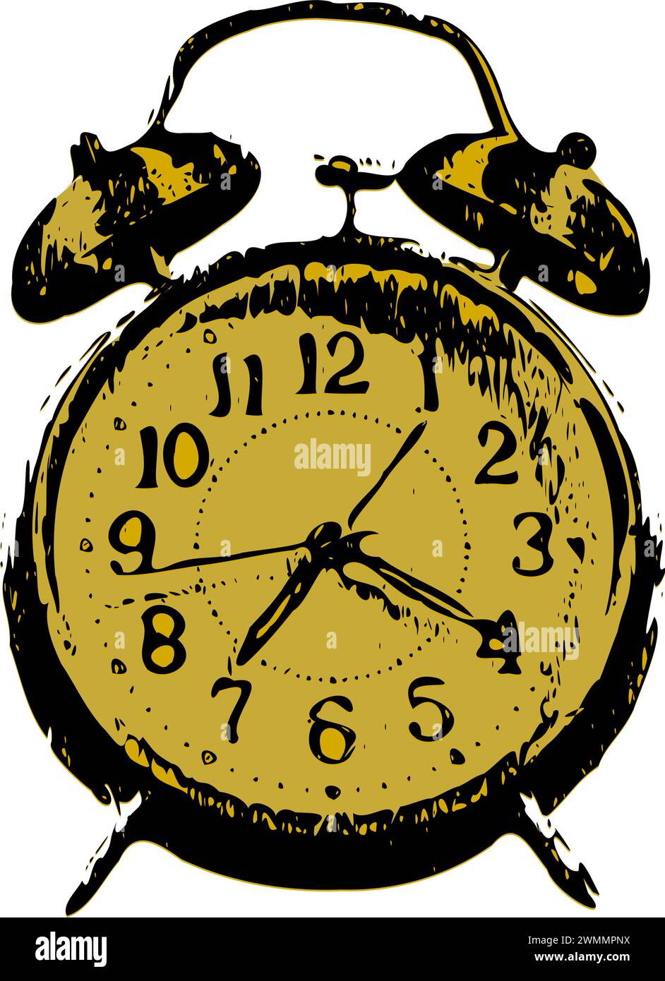 Un orologio da comodino d'epoca con due campanelli sulla parte superiore e maniglie tradizionali per la regolazione dell'ora. Illustrazione Vettoriale