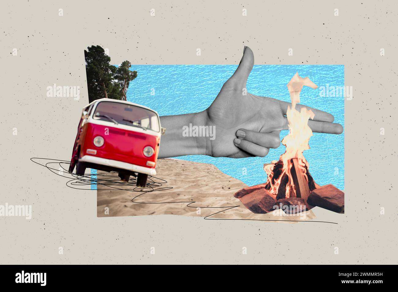 Collage da cartolina di ricordi di vacanze estive weekend nel camino naturale vicino al lungomare multivan isolato su sfondo grigio Foto Stock