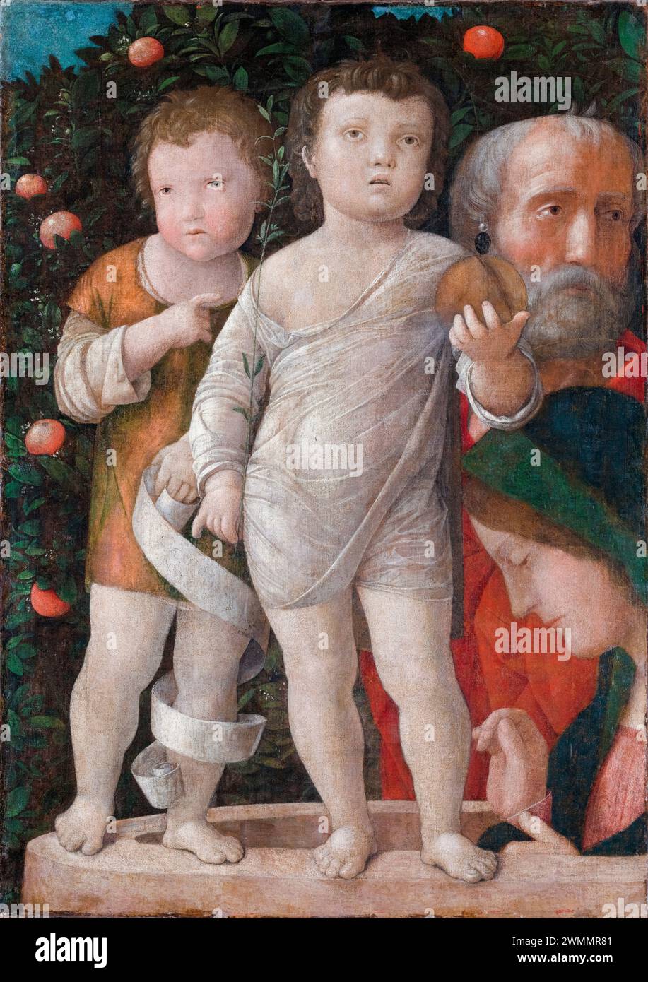 Andrea Mantegna, la Sacra famiglia con San Giovanni Battista, pittura a colla su tela, circa 1500 Foto Stock
