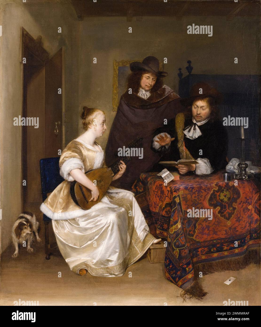 Gerard ter Borch, Una donna che interpreta un liuto a due uomini, dipingendo a olio su tela, 1667-1668 Foto Stock