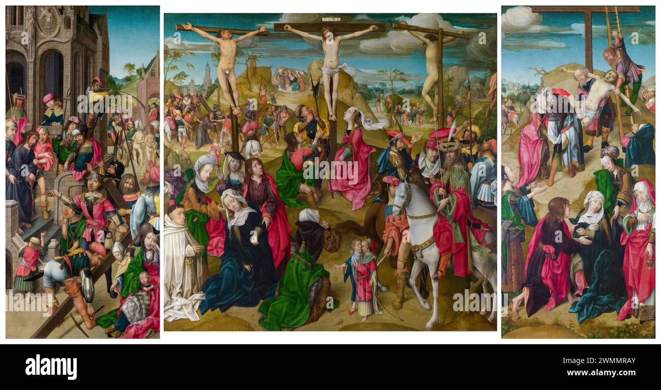 Trittico: Scene della passione di Cristo, pittura ad olio e tempera su quercia del Maestro di Delft, 1510 circa Foto Stock