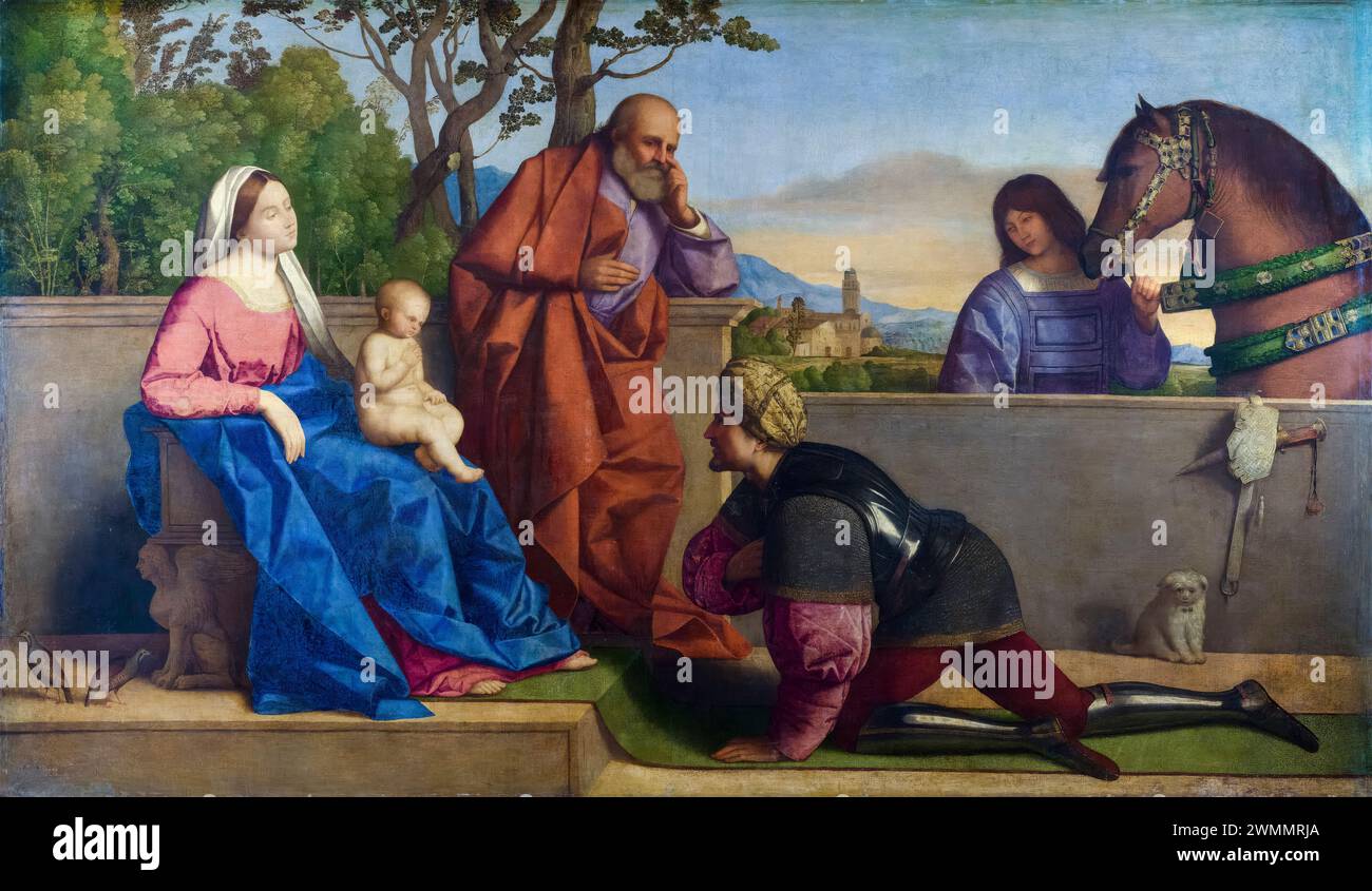 Vincenzo catena, Guerriero che adora il Cristo infantile e la Vergine, dipingendo ad olio su tela, 1520-1531 Foto Stock