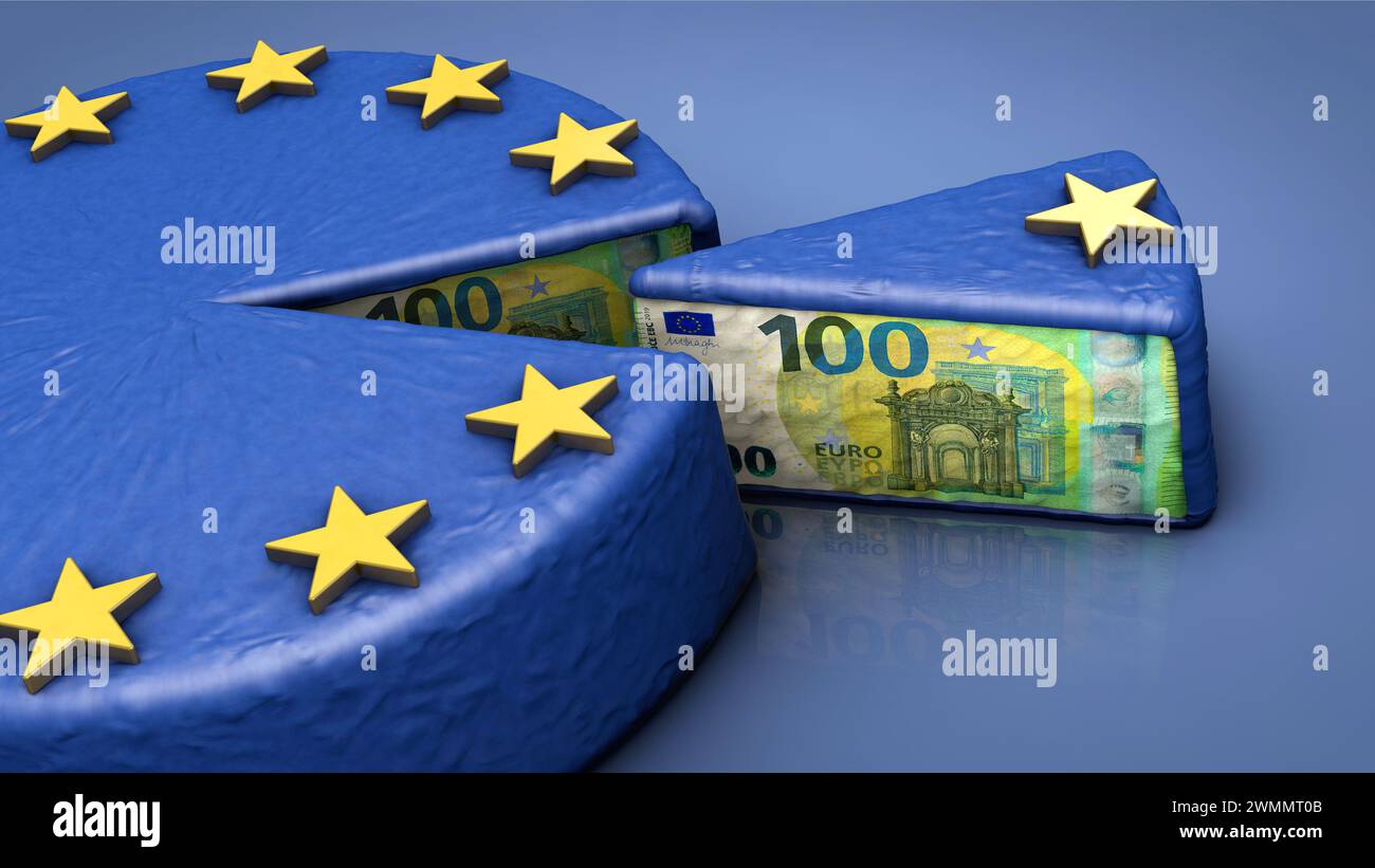 Torta di denaro dell'Unione europea - immagine simbolica in materia di sovvenzioni, self-service, distribuzione di denaro, spreco di denaro, eccetera Foto Stock