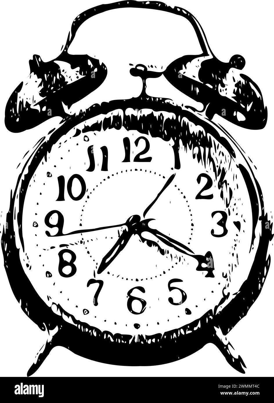 Un orologio da comodino d'epoca con due campanelli sulla parte superiore e maniglie tradizionali per la regolazione dell'ora. Illustrazione Vettoriale