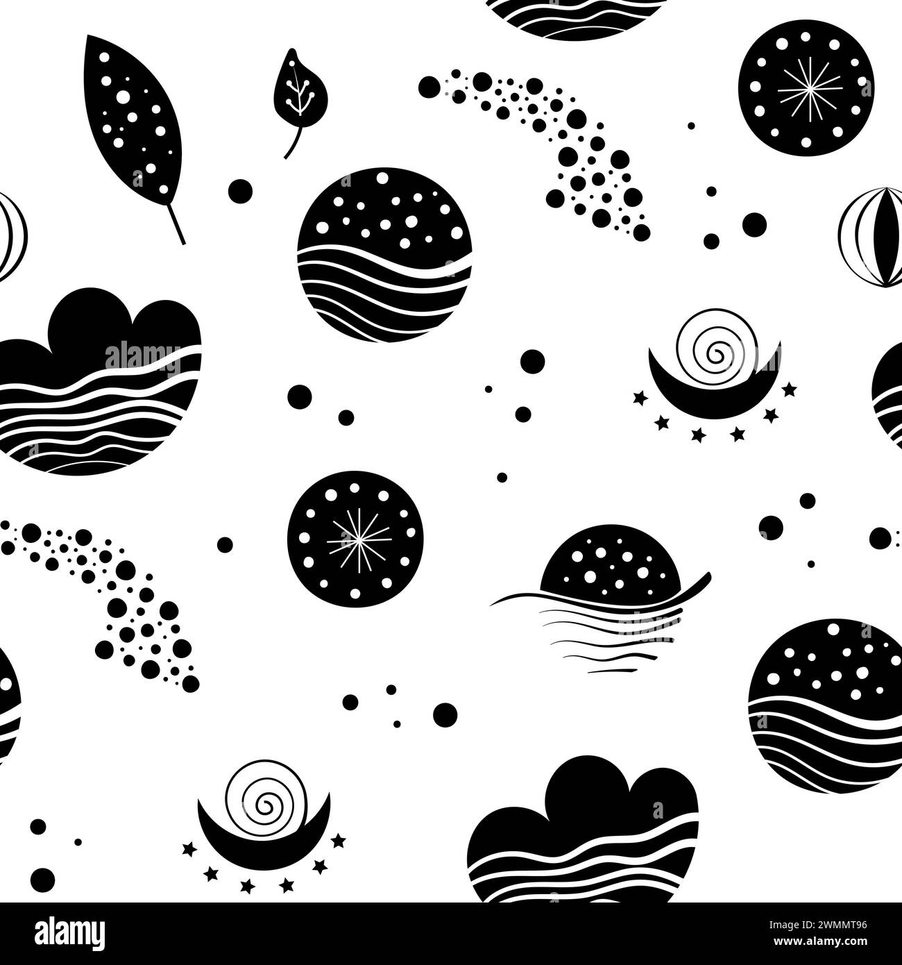 Motivi neo-folk senza cuciture con luna, nuvola, sole e stelle, design celeste bianco e nero. Crea sfondi infiniti in stile neo folk perfetti per Illustrazione Vettoriale