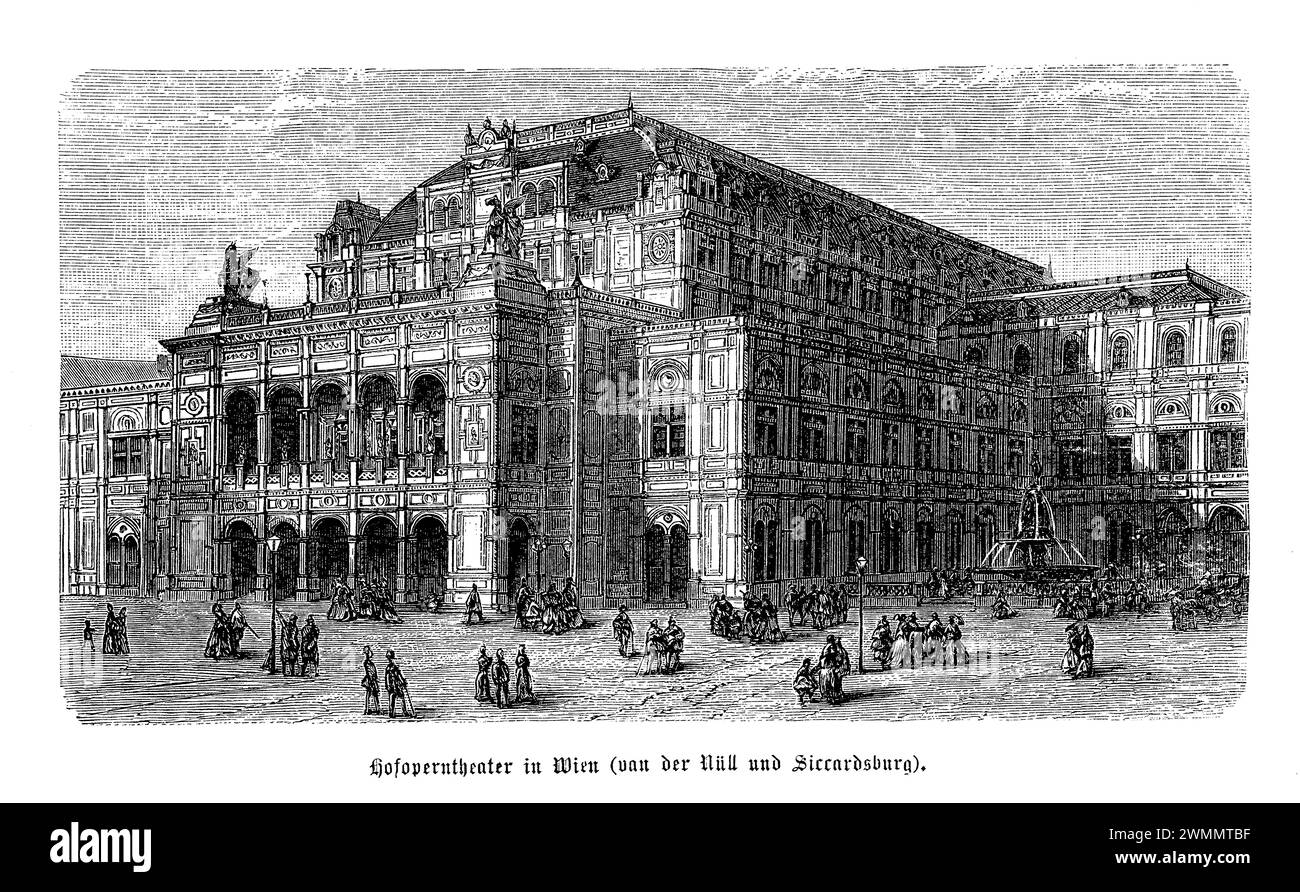 L'Opera di Stato di Vienna, una pietra angolare della vita culturale di Vienna, Austria, è un tesoro architettonico e musicale, completato nel 1869 dagli architetti Eduard van der Nüll e August Sicardsburg. Questo capolavoro rinascimentale è celebrato non solo per le sue incredibili performance, ma anche per la sua eleganza architettonica e il suo significato storico. Inizialmente ha incontrato critiche per il suo design, il teatro dell'opera è diventato da allora uno dei luoghi di interesse più amati di Vienna. L'esterno dell'edificio e' decorato con sculture, archi e colonne ornate, mentre l'interno vanta sontuose sale, un po' Foto Stock