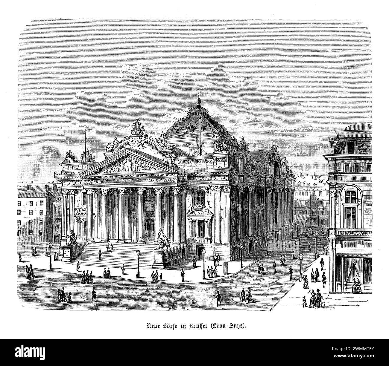 La Borsa di Bruxelles, progettata dall'architetto Léon-Pierre Suys, è un esempio impressionante di architettura del XIX secolo, che incarna lo spirito di crescita economica e prosperità di Bruxelles in quell'epoca. Completato nel 1870, questo edificio è una miscela di stili architettonici neoclassici e del secondo Impero, che presenta un'imponente facciata adornata con sculture, colonne e decorazioni elaborate che riflettono l'opulenza del periodo. Il design di Suys crea una grande dichiarazione nel cuore di Bruxelles, che funge non solo da centro per le transazioni finanziarie ma anche da simbolo del burg belga Foto Stock