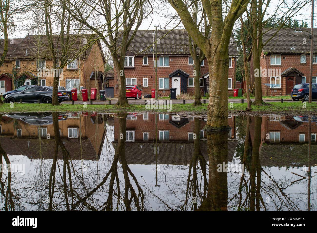 Colnbrook, Slough, Berkshire, Regno Unito. 27 febbraio 2024. Acqua del Colne Brook a Colnbrook, Slough, Berkshire. Un allarme alluvione è in atto per il Colne Brook a Iver e Colnbrook nel Berkshire. Crediti: Maureen McLean/Alamy Live News Foto Stock