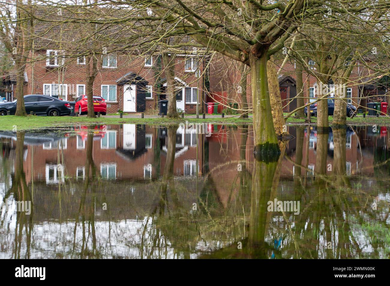 Colnbrook, Slough, Berkshire, Regno Unito. 27 febbraio 2024. Acqua del Colne Brook a Colnbrook, Slough, Berkshire. Un allarme alluvione è in atto per il Colne Brook a Iver e Colnbrook nel Berkshire. Crediti: Maureen McLean/Alamy Live News Foto Stock