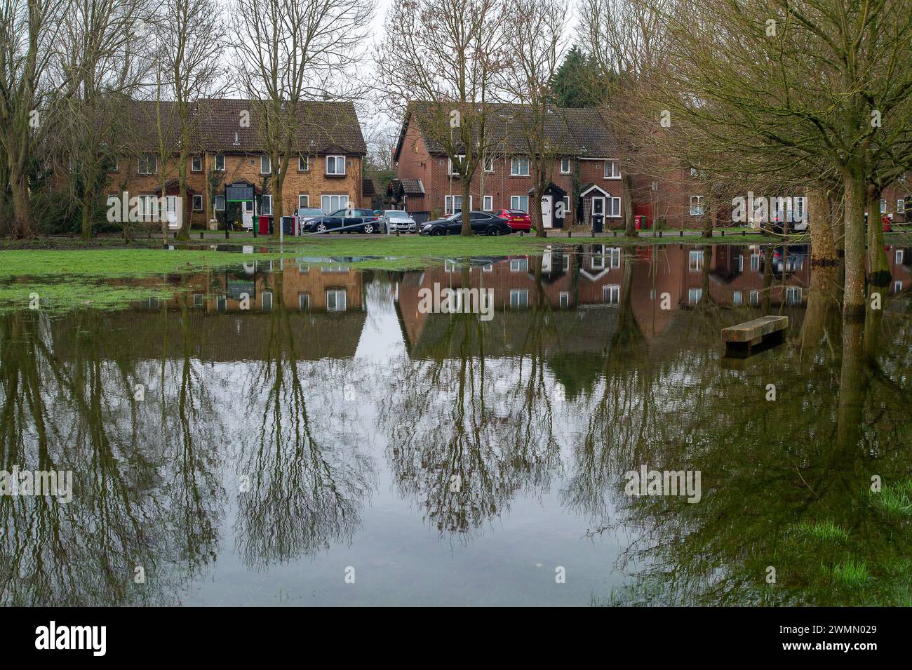 Colnbrook, Slough, Berkshire, Regno Unito. 27 febbraio 2024. Acqua del Colne Brook a Colnbrook, Slough, Berkshire. Un allarme alluvione è in atto per il Colne Brook a Iver e Colnbrook nel Berkshire. Crediti: Maureen McLean/Alamy Live News Foto Stock