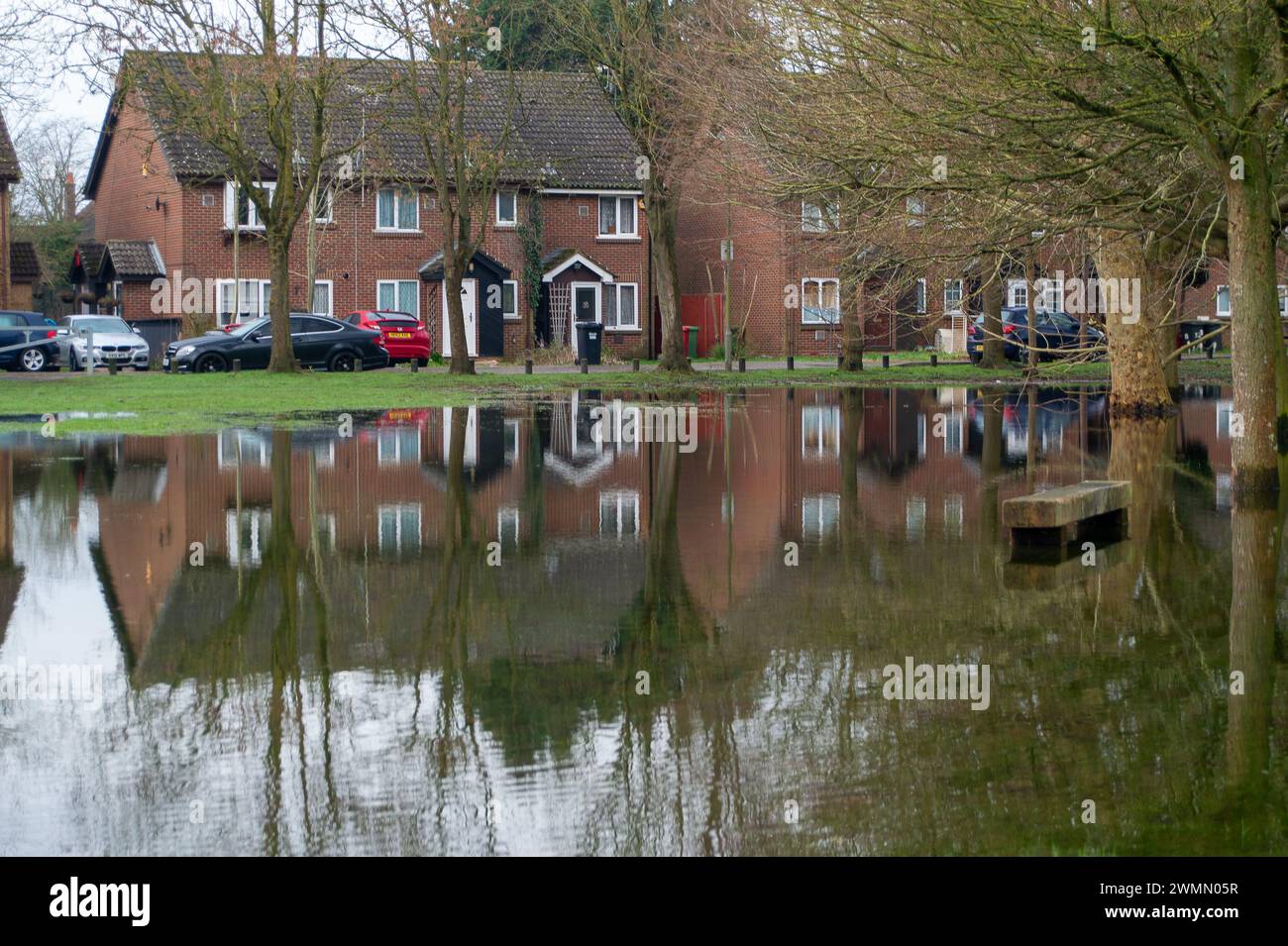 Colnbrook, Slough, Berkshire, Regno Unito. 27 febbraio 2024. Acqua del Colne Brook a Colnbrook, Slough, Berkshire. Un allarme alluvione è in atto per il Colne Brook a Iver e Colnbrook nel Berkshire. Crediti: Maureen McLean/Alamy Live News Foto Stock