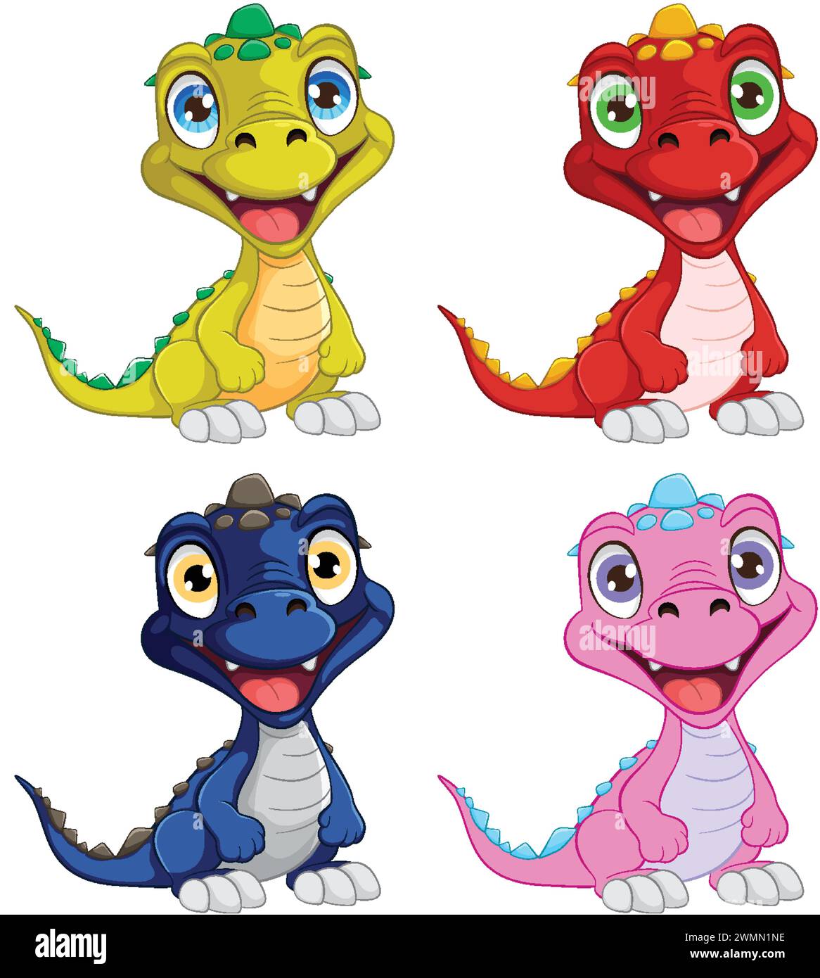 Quattro simpatici baby dinosauri sorridono allegramente. Illustrazione Vettoriale