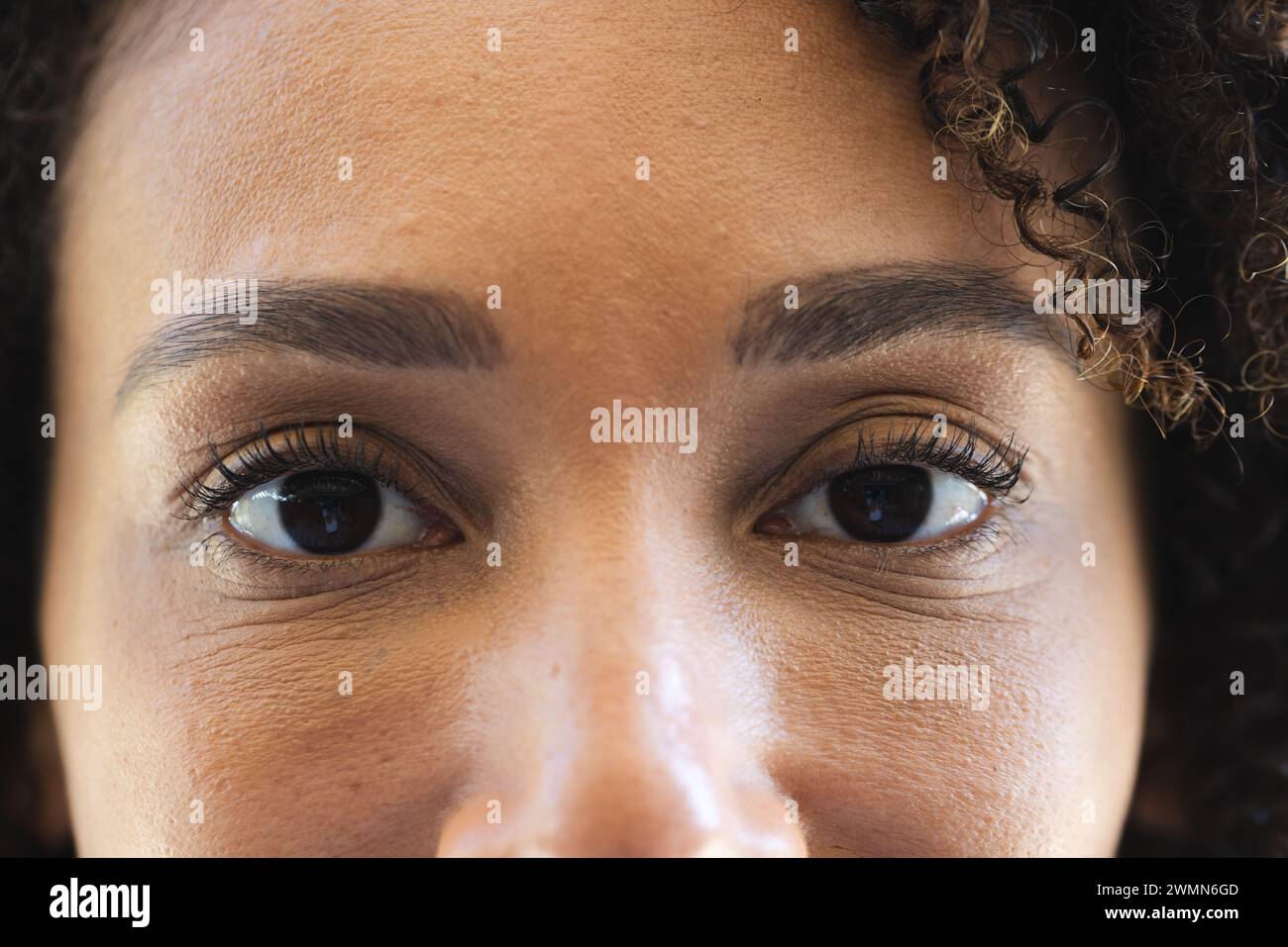 Primo piano degli occhi e delle sopracciglia di una donna birazziale. Il suo sguardo riflette un senso di calma e fiducia. Foto Stock