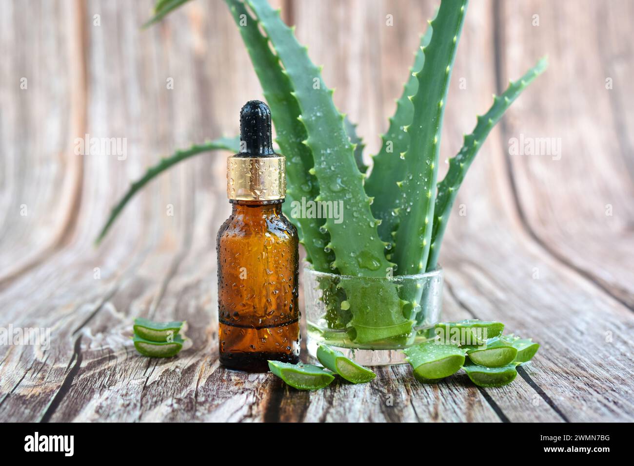 Foglie di aloe vera fresca, siero cosmetico con estratto di aloe vera in un contenitore di vetro con pipetta su fondo in legno. Concetto di cosmetici naturali. Per Hea Foto Stock