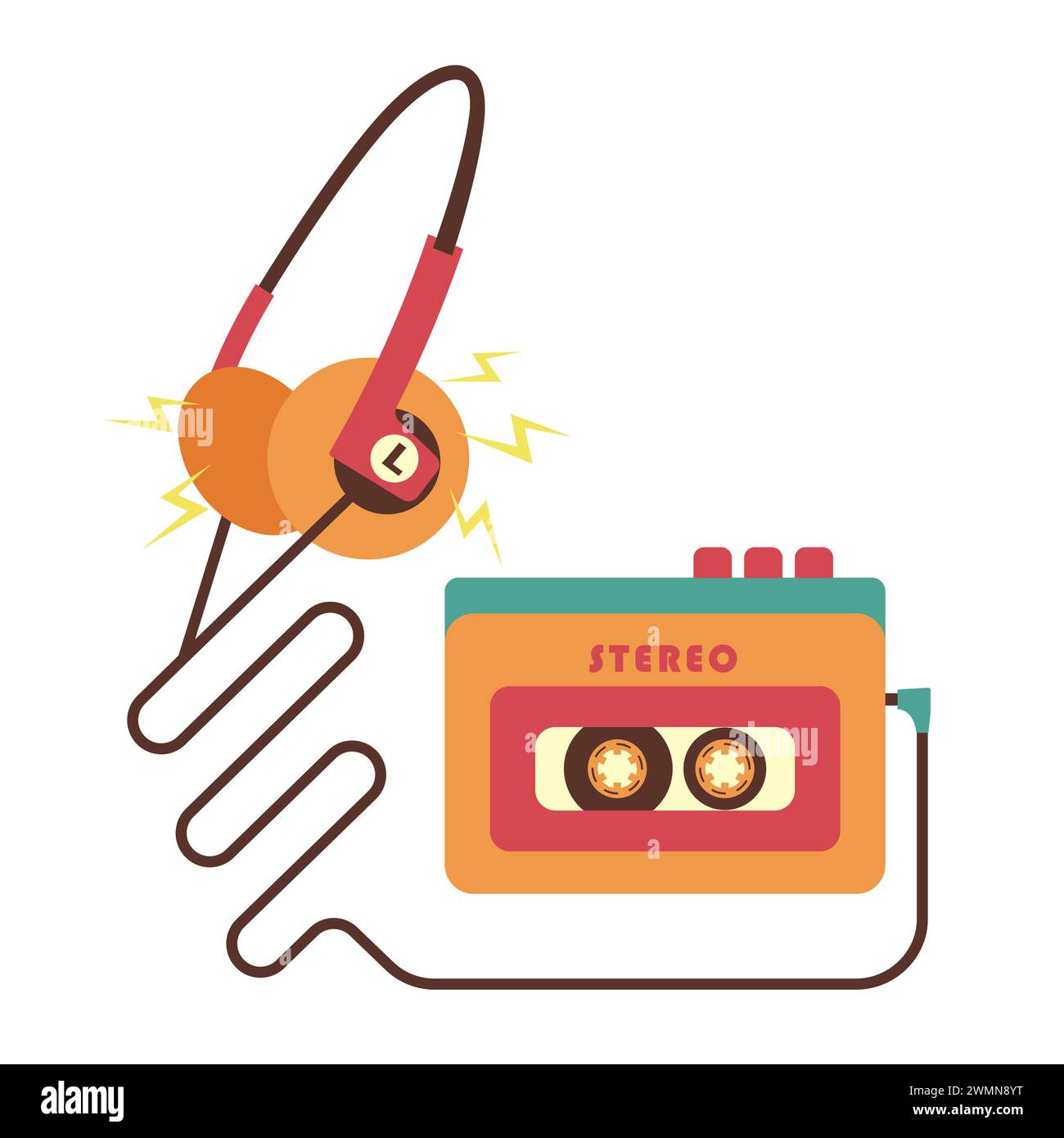 Lettore audio portatile con cuffie degli anni '90 Illustrazione vettoriale in stile retrò. Illustrazione Vettoriale