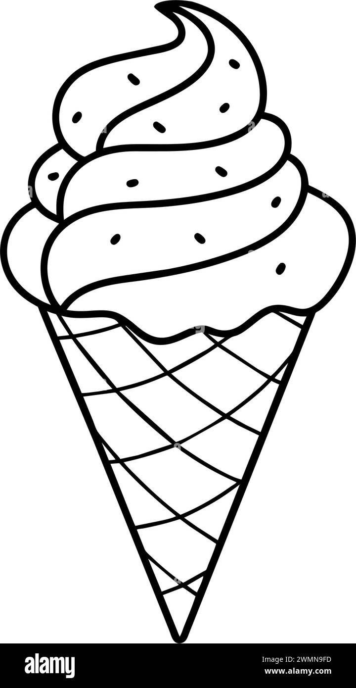 Illustrazione vettoriale cono per gelato dolce per libro da colorare. Schizzo del contorno disegnato a mano Illustrazione Vettoriale