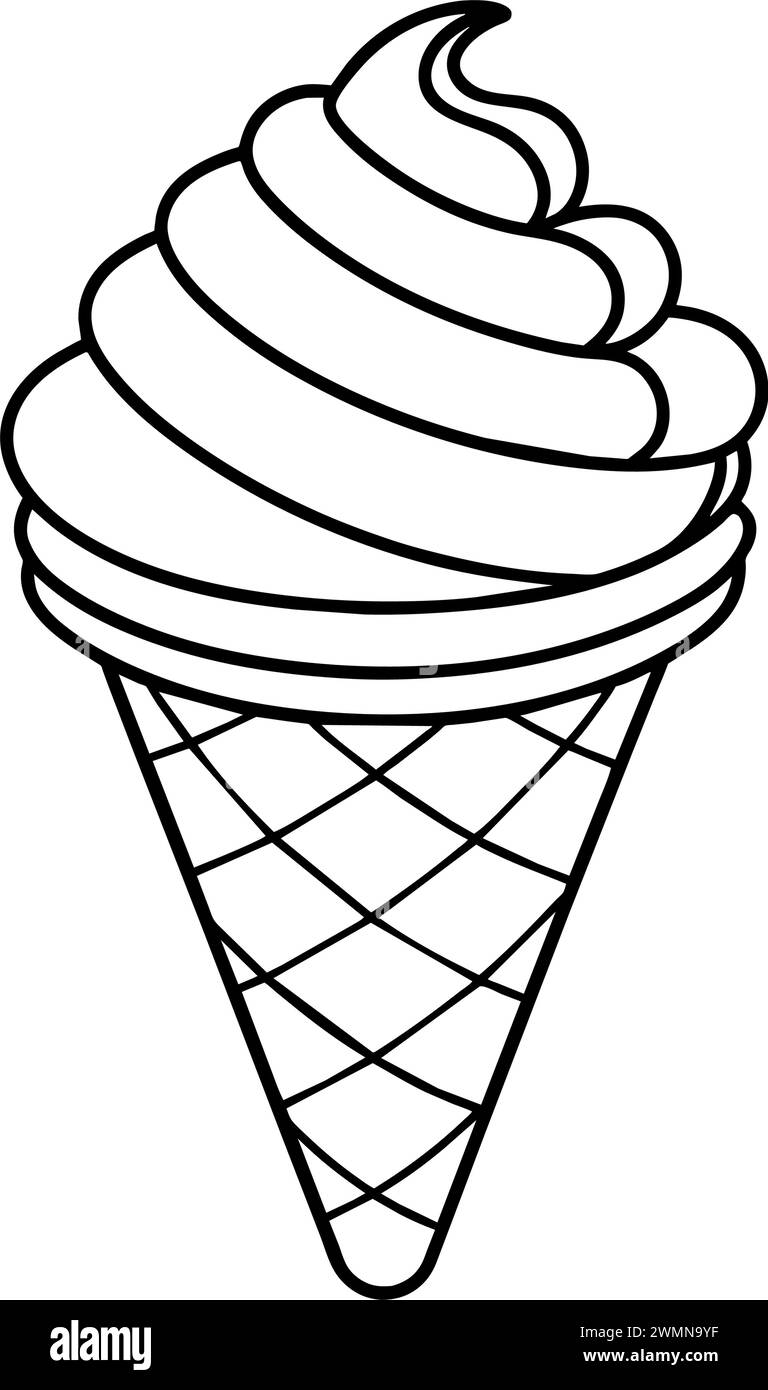 Illustrazione vettoriale cono gelato per libro da colorare. Schizzo del contorno disegnato a mano Illustrazione Vettoriale