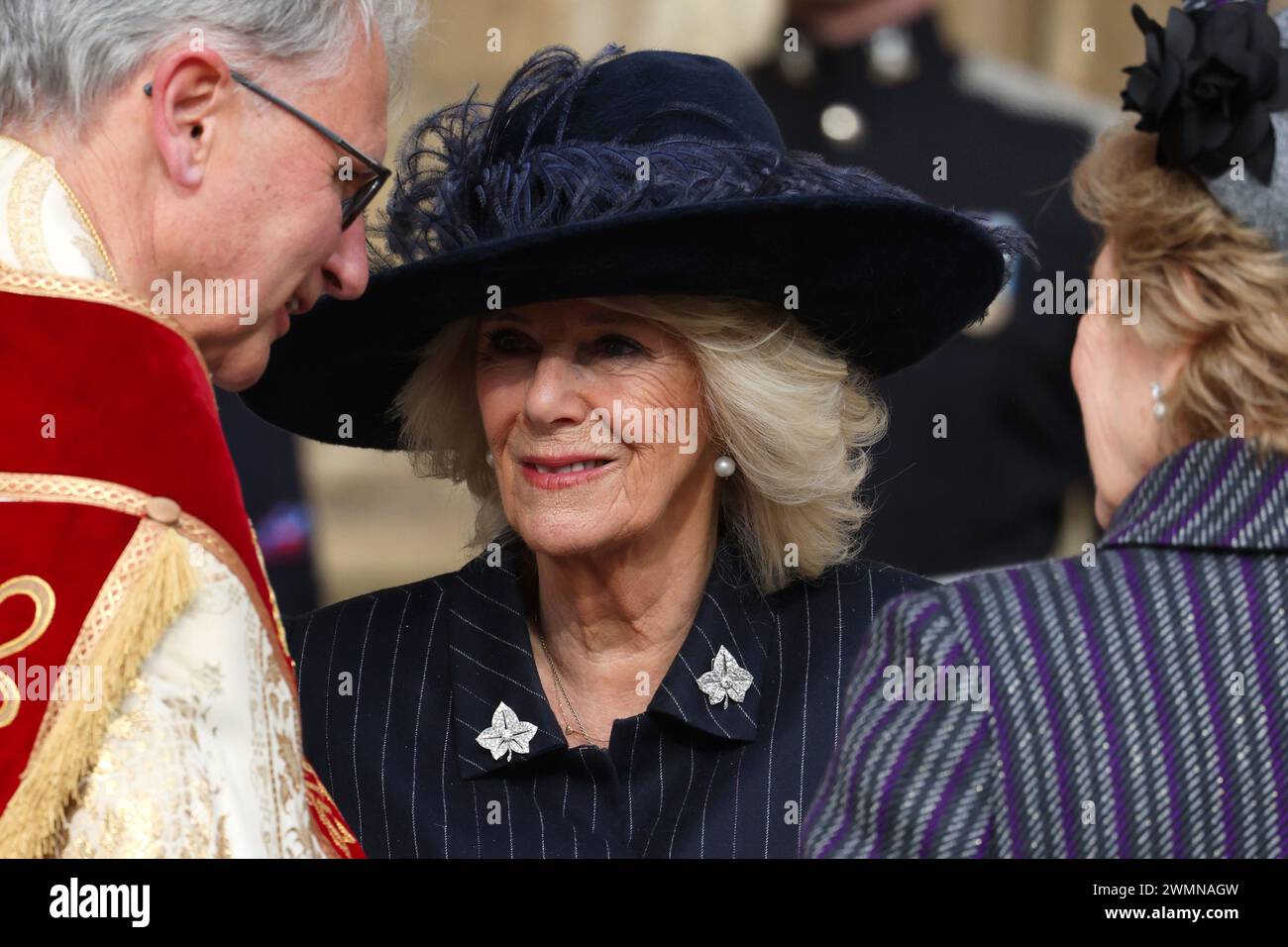 La regina Camilla partecipa ad un servizio di ringraziamento per la vita di re Costantino degli Elleni nella St George's Chapel, nel Castello di Windsor, Berkshire. Data foto: Martedì 27 febbraio 2024. Foto Stock
