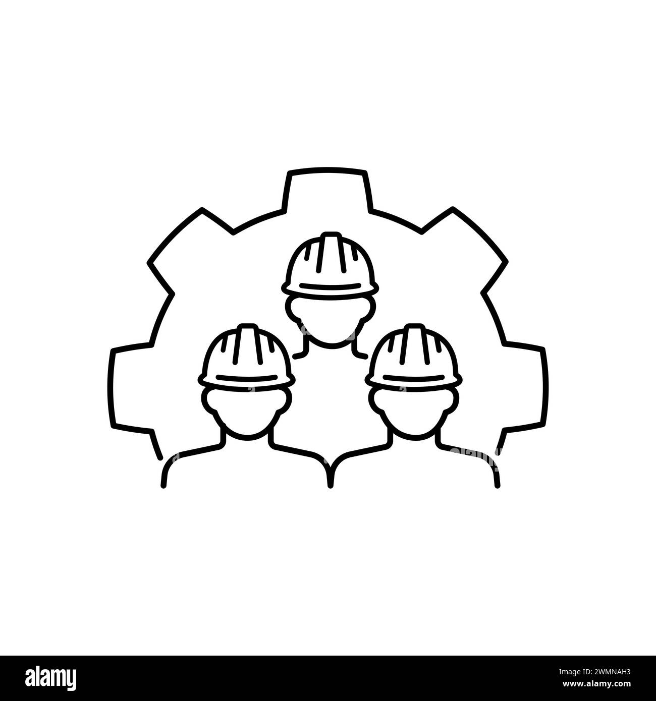 Concetto di gestione delle costruzioni con Icon. Icona di collaborazione tra architetto e tecnico. team, attrezzatura, lavoro, ingegnere, linea, corsa. Illustrazione vettoriale Des Illustrazione Vettoriale