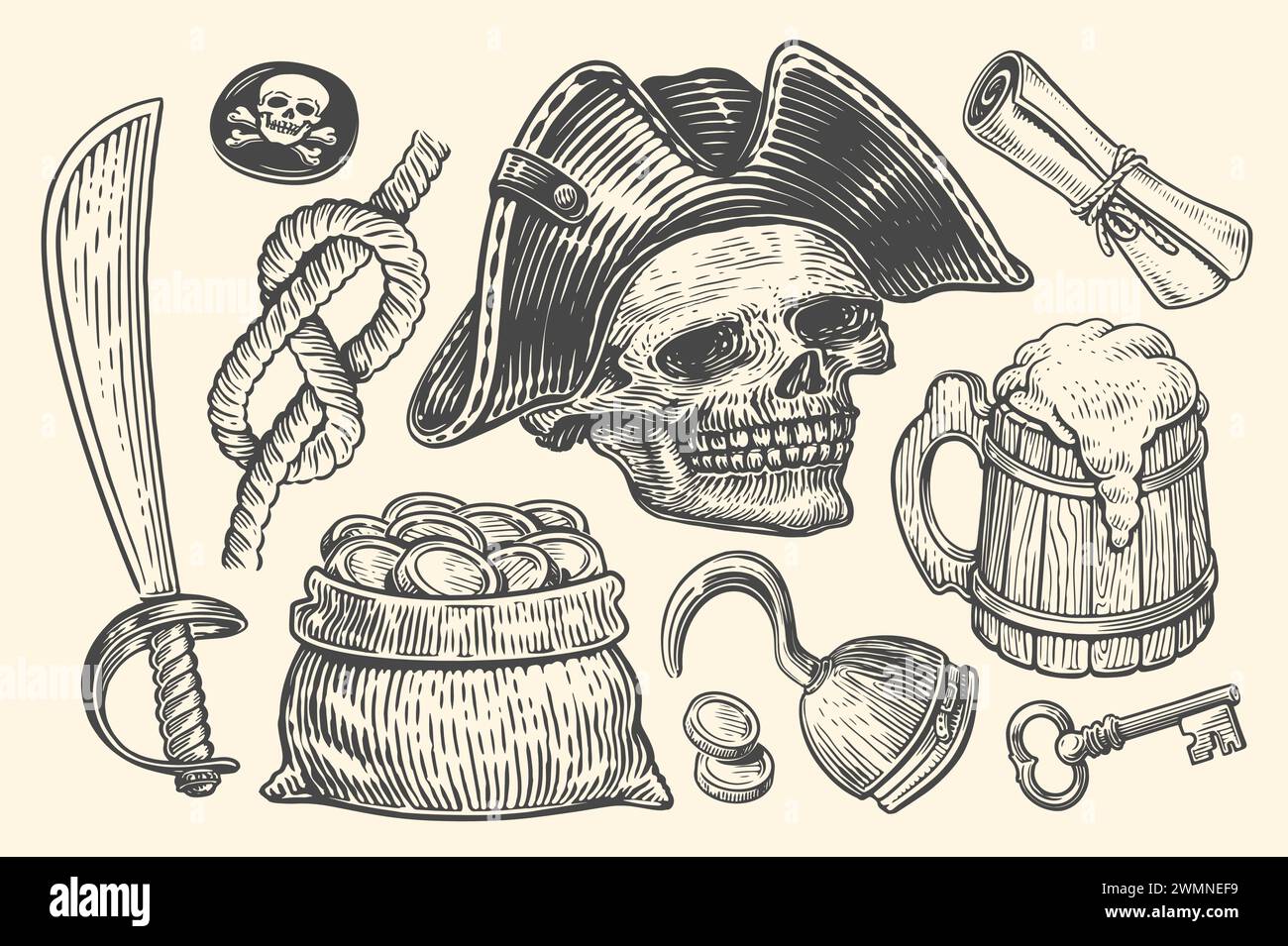 Concetto di pirateria, set di elementi. Illustrazione vettoriale dello schizzo disegnata a mano in stile incisione Illustrazione Vettoriale