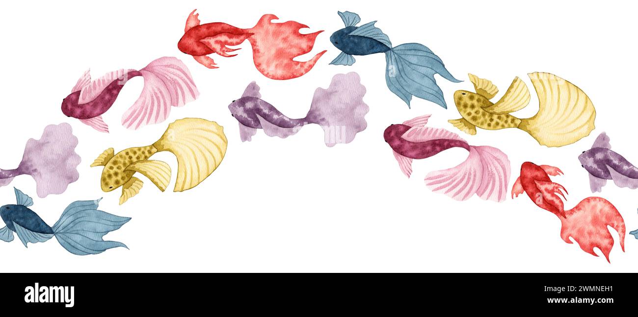 Bordo dei pesci senza cuciture.illustrazione ad acquerello.stile semplice e stilizzato degli animali marini. Mondo sottomarino di fauna marina per striscioni o ornamenti. Oceano Foto Stock