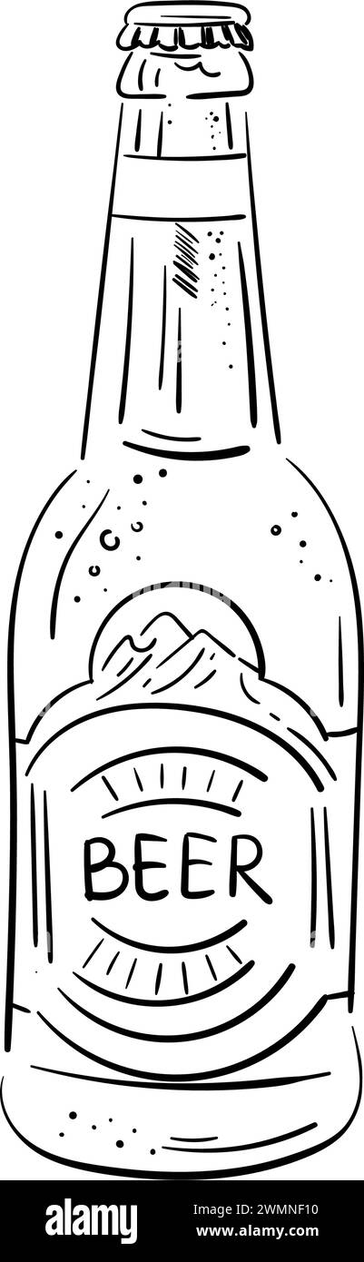 Schizzo vettoriale del flacone. Bottiglia di birra isolata su sfondo bianco. Semplice disegno di linea. Bianco e nero. Illustrazione Doodle Illustrazione Vettoriale