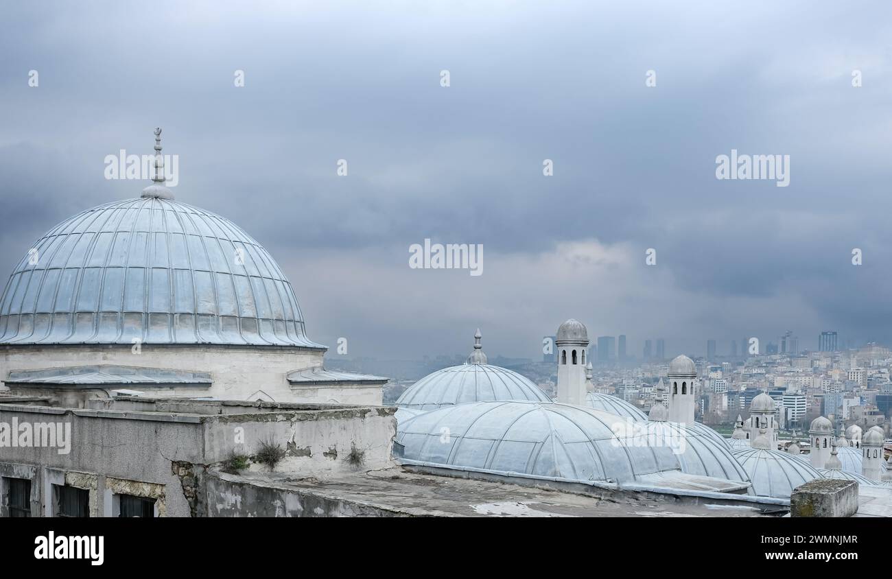 La Moschea Yeni Cami la nuova Moschea di Istanbul, Turchia. Cupole della moschea Yeni Cami in una giornata nuvolosa. Foto di viaggio, spazio per copiare il testo Foto Stock