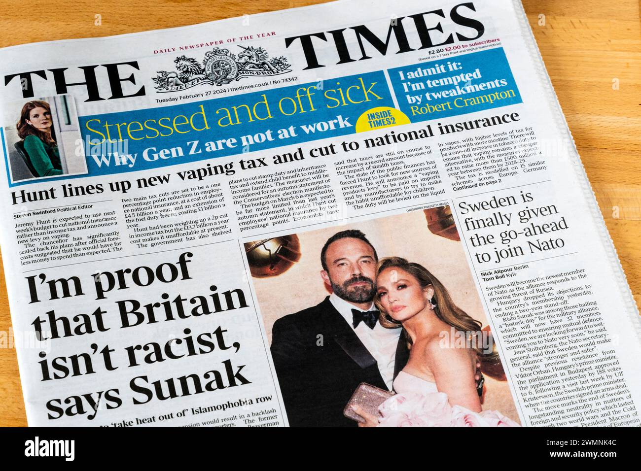 27 febbraio 2024. Il titolo del Times dice: "Sono la prova che la Gran Bretagna non è razzista, dice Sunak. Foto Stock