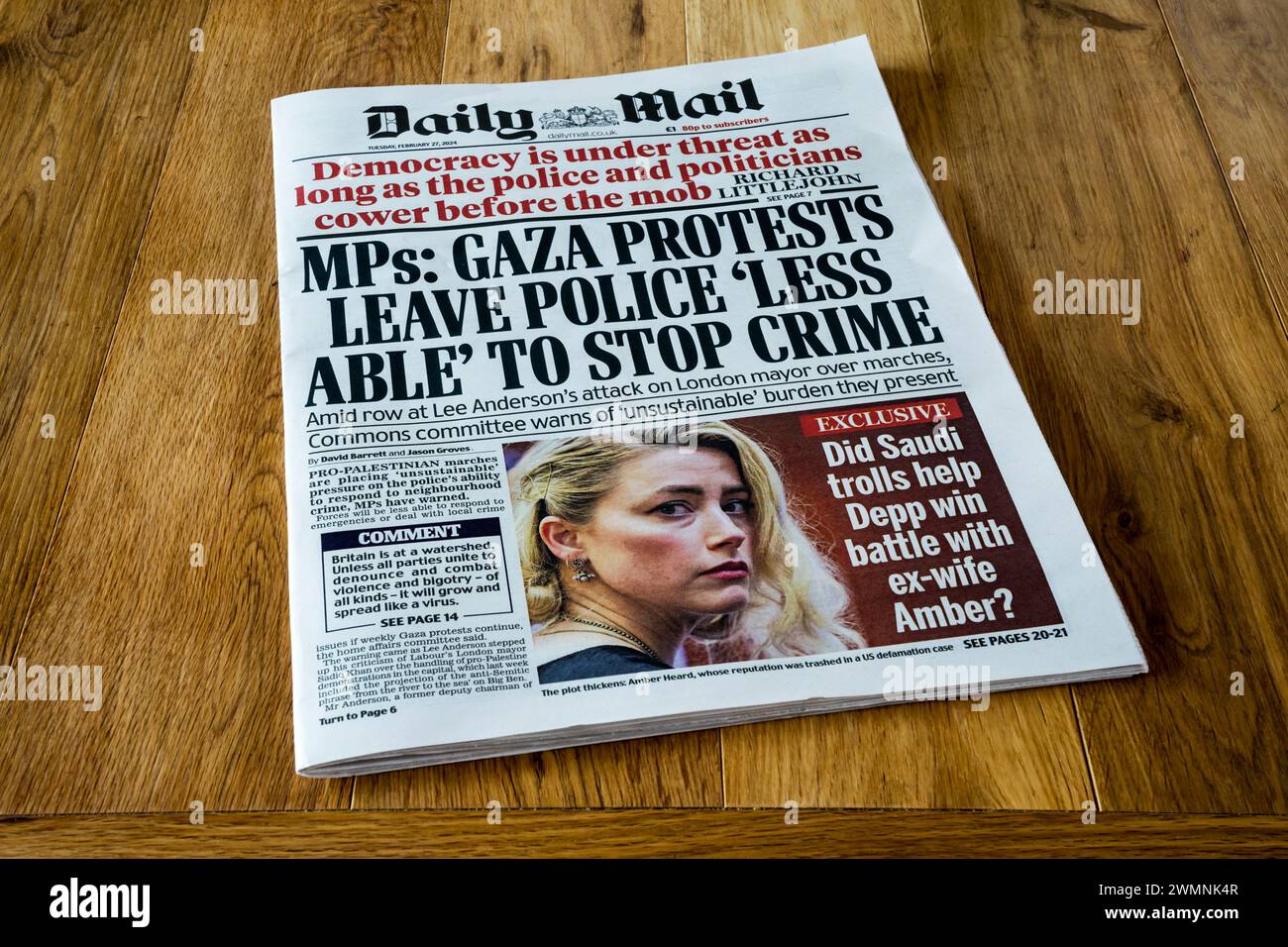 27 febbraio 2024. Il titolo della Daily mail recita parlamentari: Le proteste di Gaza lasciano la polizia "meno capace” di fermare il crimine. Foto Stock