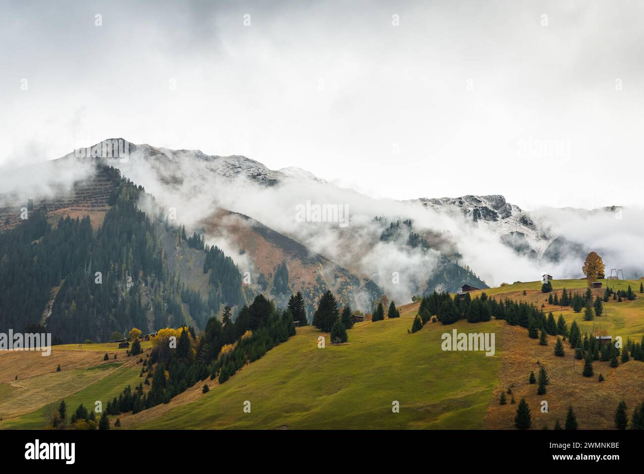 Alpi in autunno, cima di montagna ricoperta di nebbia. Foresta alpina nella valle di Lech - Lechtal. Foto Stock