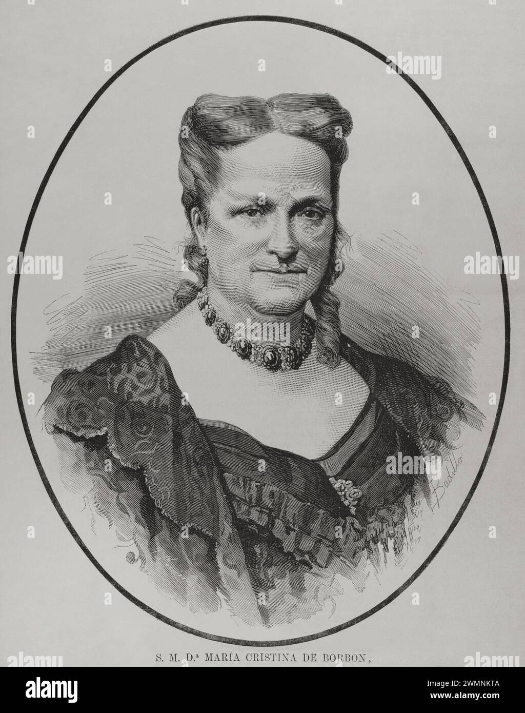 María Cristina de Borbón delle due Sicilie (1806-1878). Regina consorte di Spagna tra il 1829 e il 1833 dal suo matrimonio con re Ferdinando VII, di cui fu la sua quarta e ultima moglie. Reggente del regno dal 1833 al 1840. Verticale. Illustrazione di Badillo. Incisione di Arturo Carretero (1852-1903). La Ilustración Española y americana (The Spanish and American Illustration), 1878. Foto Stock