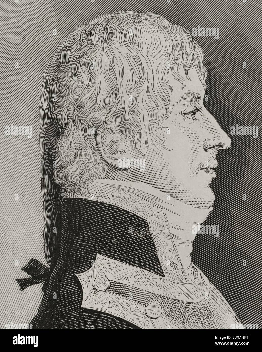 COSME Damián Churruca y Elorza (Motrico, 1761-Battaglia di Trafalgar, 1805). Marinaio spagnolo. Ammiraglio della Royal Spanish Armada. Prese parte alla spedizione per esplorare lo stretto di Magellano (1788). Morì nella battaglia di Trafalgar (guerra della terza coalizione delle guerre napoleoniche). Verticale. Incisione di Arturo Carretero (1852-1903). La Ilustración Española y americana (The Spanish and American Illustration), 1878. Foto Stock