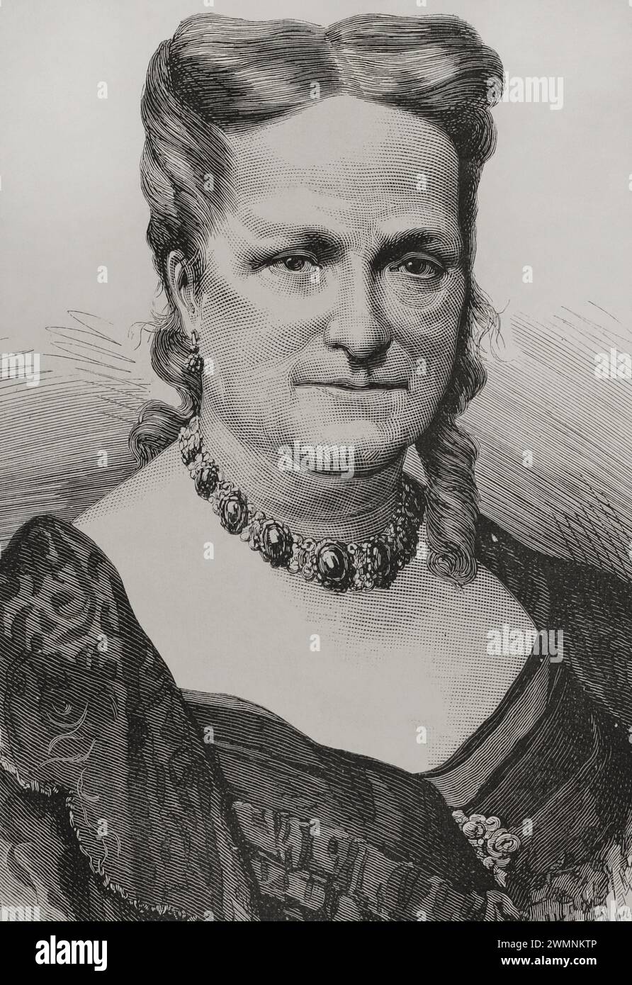 María Cristina de Borbón delle due Sicilie (1806-1878). Regina consorte di Spagna tra il 1829 e il 1833 dal suo matrimonio con re Ferdinando VII, di cui fu la sua quarta e ultima moglie. Reggente del regno dal 1833 al 1840. Verticale. Illustrazione di Badillo. Incisione di Arturo Carretero (1852-1903). Dettagli. La Ilustración Española y americana (The Spanish and American Illustration), 1878. Foto Stock