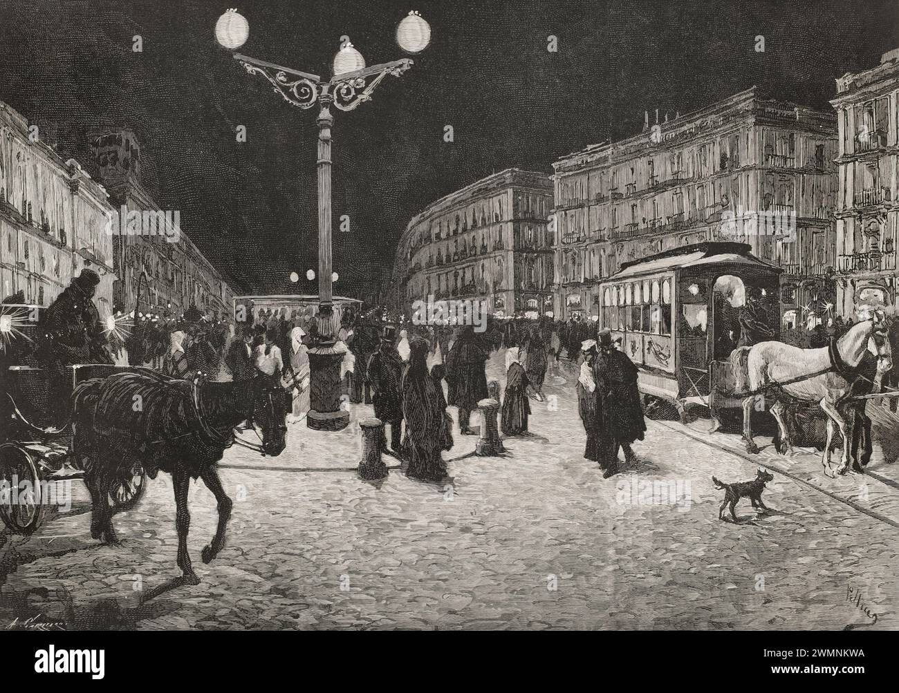 Madrid, Spagna. La Puerta del Sol (porta del Sole) illuminata da luce elettrica. Per celebrare il matrimonio di re Alfonso XII con María de las Mercedes, le prime luci elettriche della città sono state inaugurate il 23 gennaio 1878. I lampioni con archi elettrici illuminavano la strada contemporaneamente all'illuminazione a gas. Attingendo dalla vita di Pellicer. Incisione di Arturo Carretero (1852-1903). La Ilustración Española y americana (The Spanish and American Illustration), 1878. Foto Stock